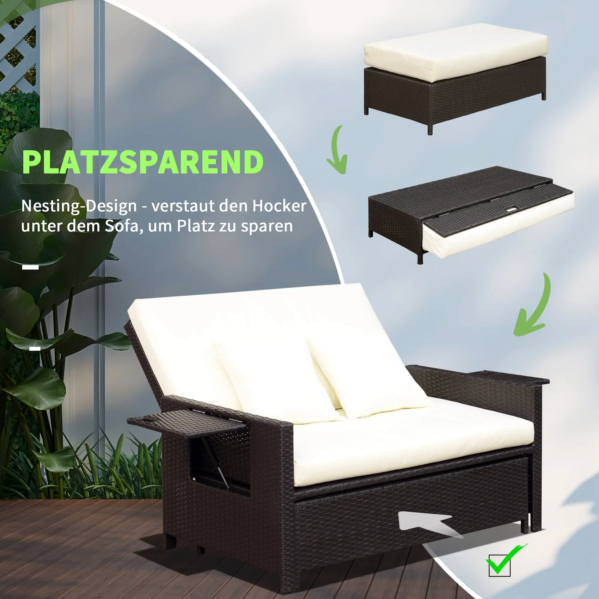 Outsunny Polyrattan Gartensofa 2in1 mit Hocker Stauraum Outdoor