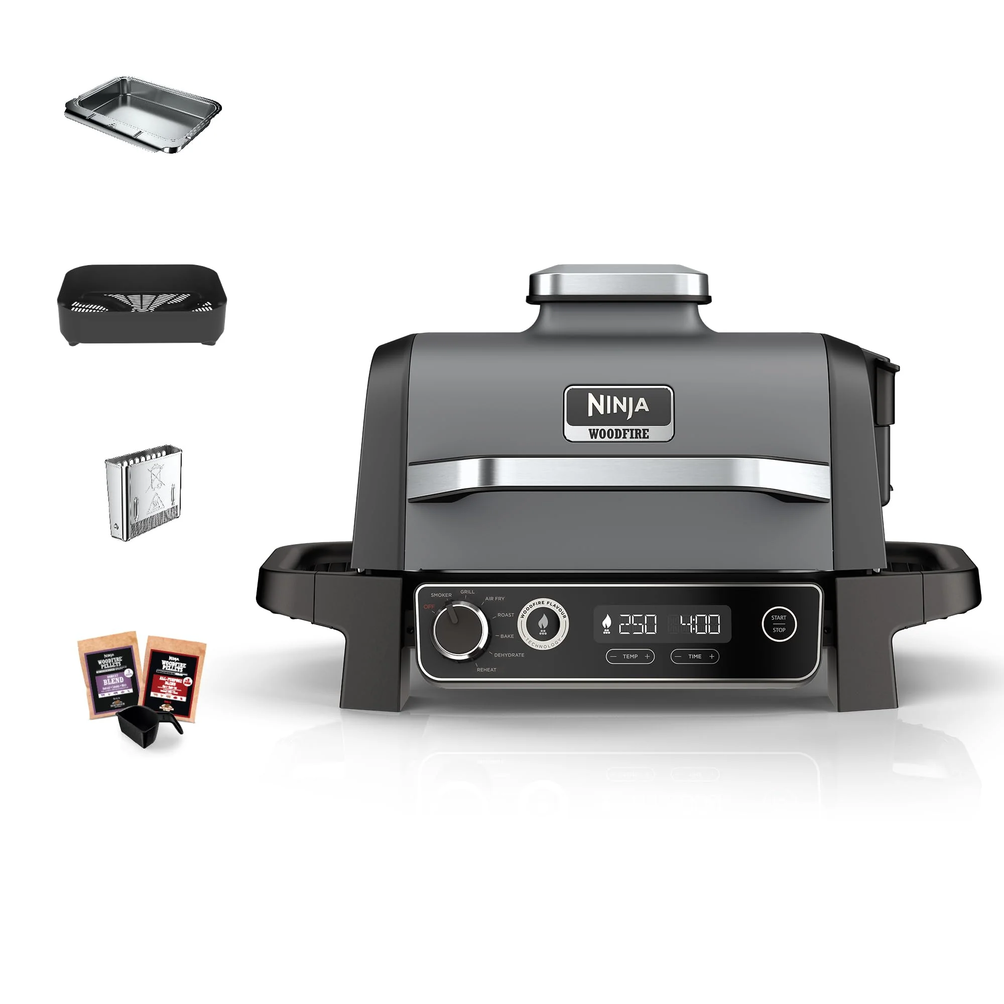 2025 Ninja Woodfire Elektrische BBQ Grill & Smoker & Airfryer, 7-in-1 Outdoor BBQ Grill, Airfryen, Roken, Braden, Bakken en meer, Weerbestendig, Anti-aanbak, Draagbaar, Elektrisch, Grijs/Zwart OG701EU