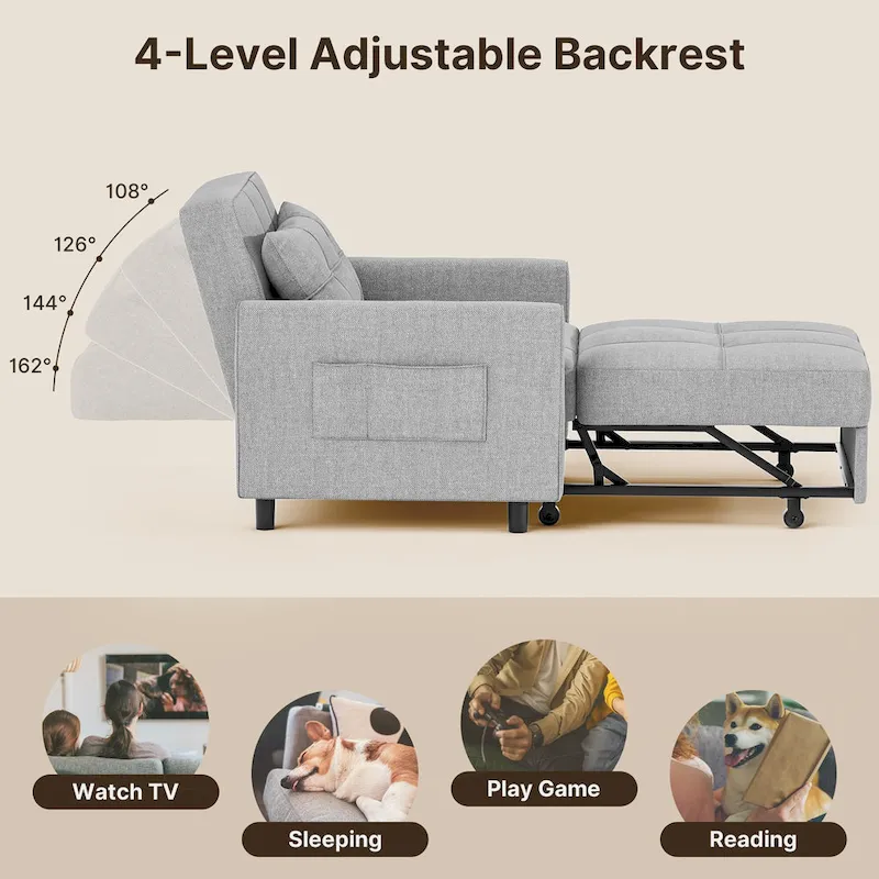 3-in-1 Pull-Out Sofa Bed Sleeper Chair , Convertible Adjustable Foldable Upholstered Lounge Couch