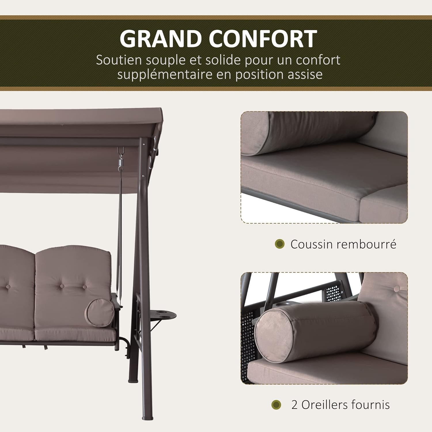 Outsunny 3-Sitzer Gartenschaukel Hoher Komfort Verstellbare Neigung Dach Kissen Versenkbare Tabletts Polyester Garn Beige