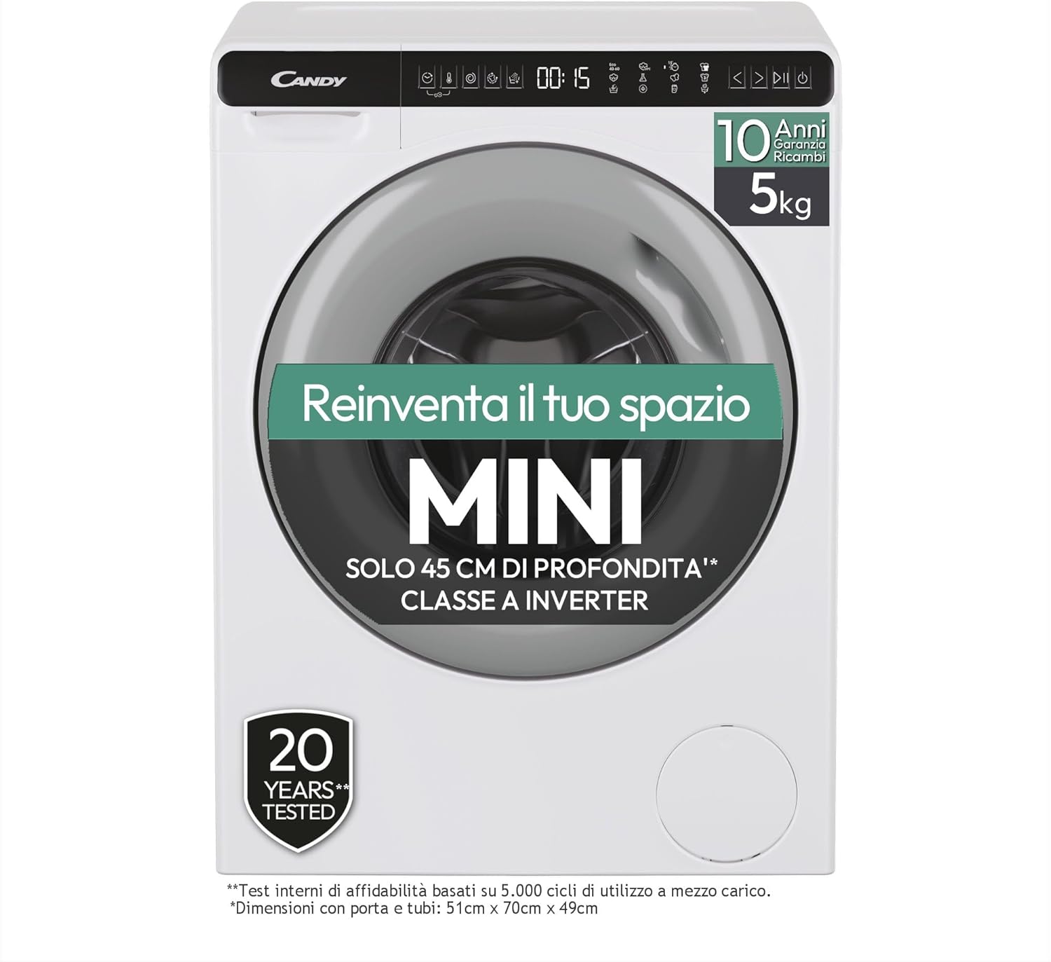 CANDY MINIAQUA CW50-BP12307G-S Front Loading Washing Machine, 5 kg, 1200 RPM, Quick Programmes, Anti-Crease, Delay Start, Grey/White, 70 x 51 x 45 [Energy Efficiency Class A]