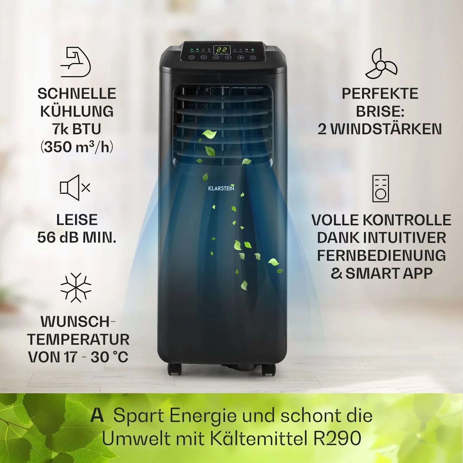 Klarstein Airconditioner, 4-in-1 Airconditioningsysteem, Luchtontvochtiger, Ventilator & Nachtmodus, Mobiele airconditioner met afvoerslang, App-bediening, Airconditioner voor ruimtes tot 44 m2, 9000 BTU, Wit