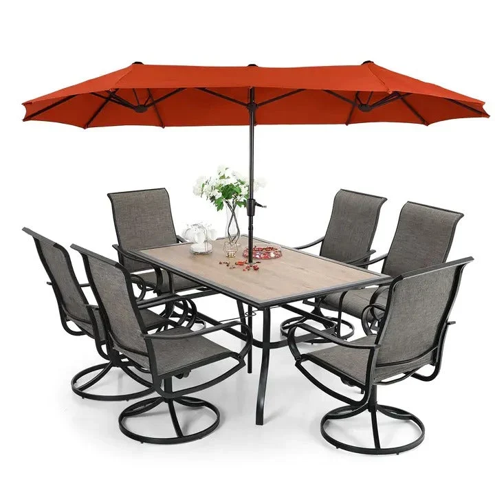 8 Pieces Patio Dining Set with Umbrella,Outdoor Furniture Set with 6 Sling Dining Swivel Chairs