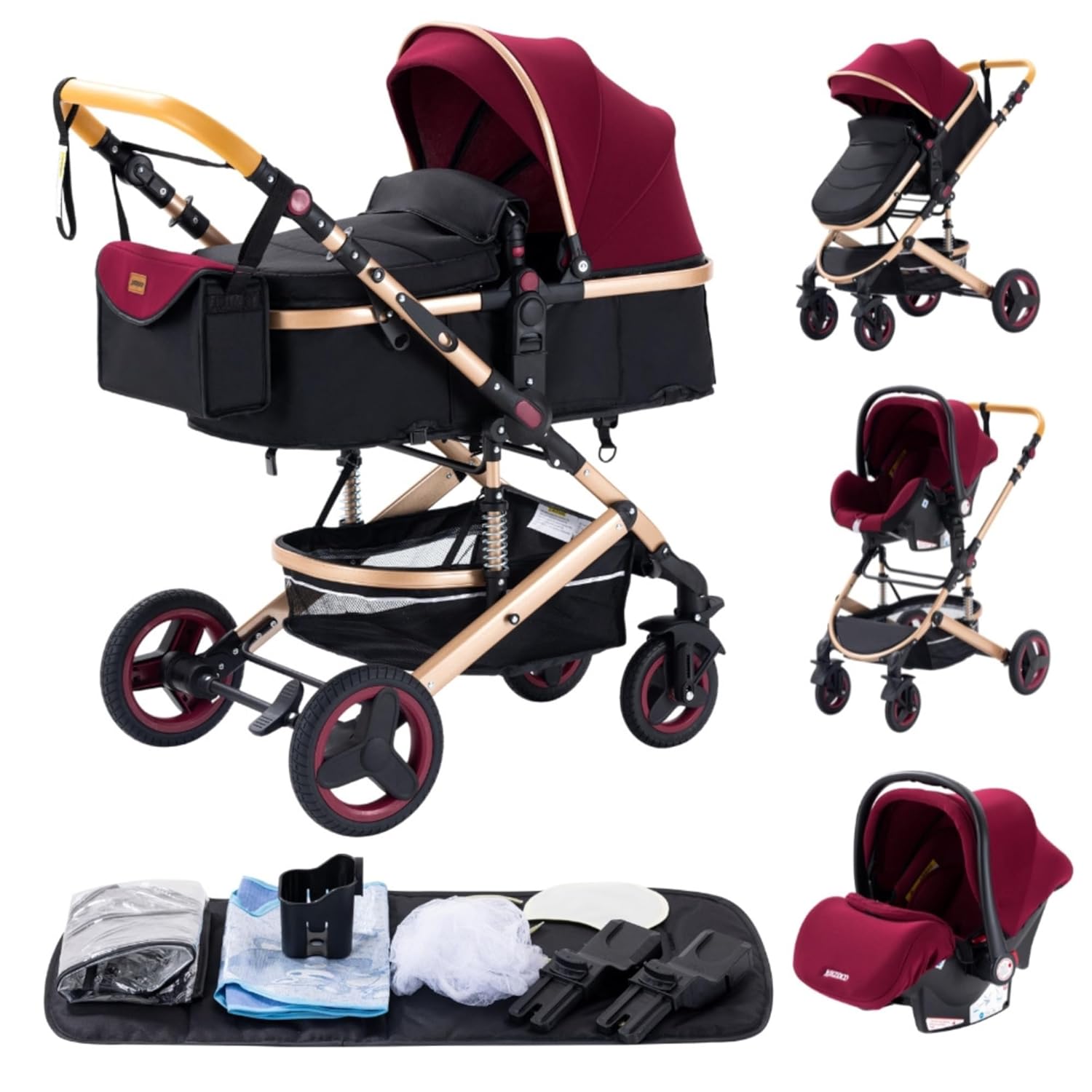 YAZOCO kinderwagen 3 in 1 Buggy Babybett Komplett Set Einem Klick Zusammenklappbarer Kinderwagen, KombiKinderwagen Aluminiumrahmen für Neugeborene (Schwarz)