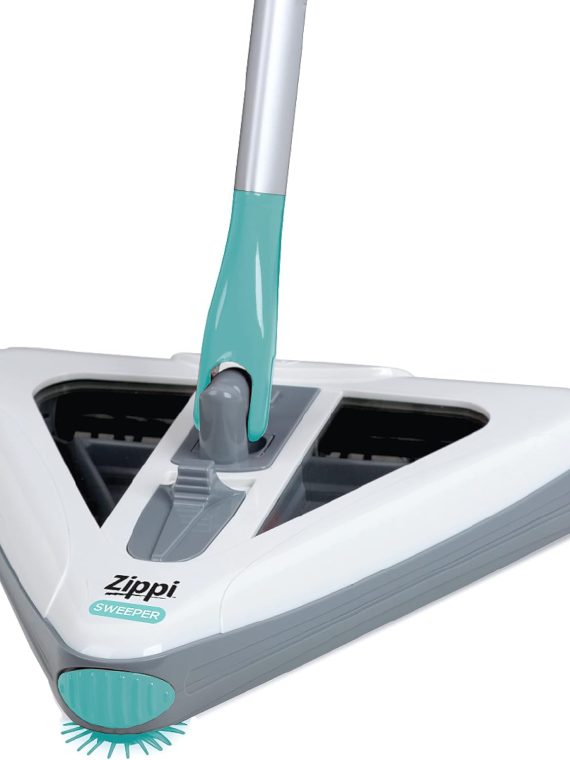 Zippi Sweeper Max- Powerful and Lightweight Sweeper  Perfect for Carpet Hardwood and Tile  Triangular Design Allows for Sweeping in Corners  1000 mAh Rechargeable Battery