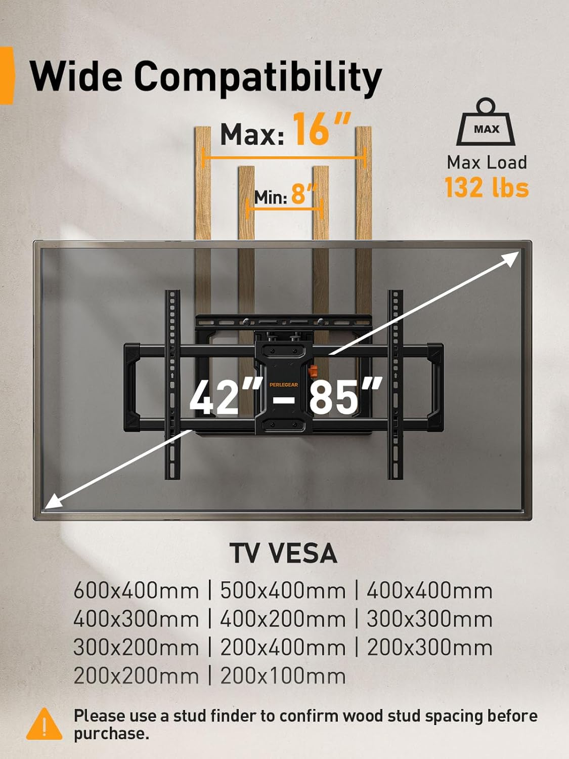 Perlegear UL Listed Full Motion TV Wall Mount for 42-85 inch TVs up to 132 lbs, TV Mount with Dual Articulating Arms, Tool-Free Tilt, Swivel, Extension, Leveling, Max VESA 600x400mm, 16