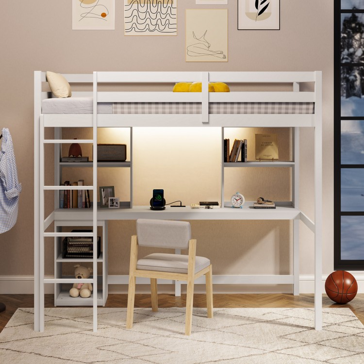 Twin Loft Bed with LED Light and Desk No Box Spring Needed