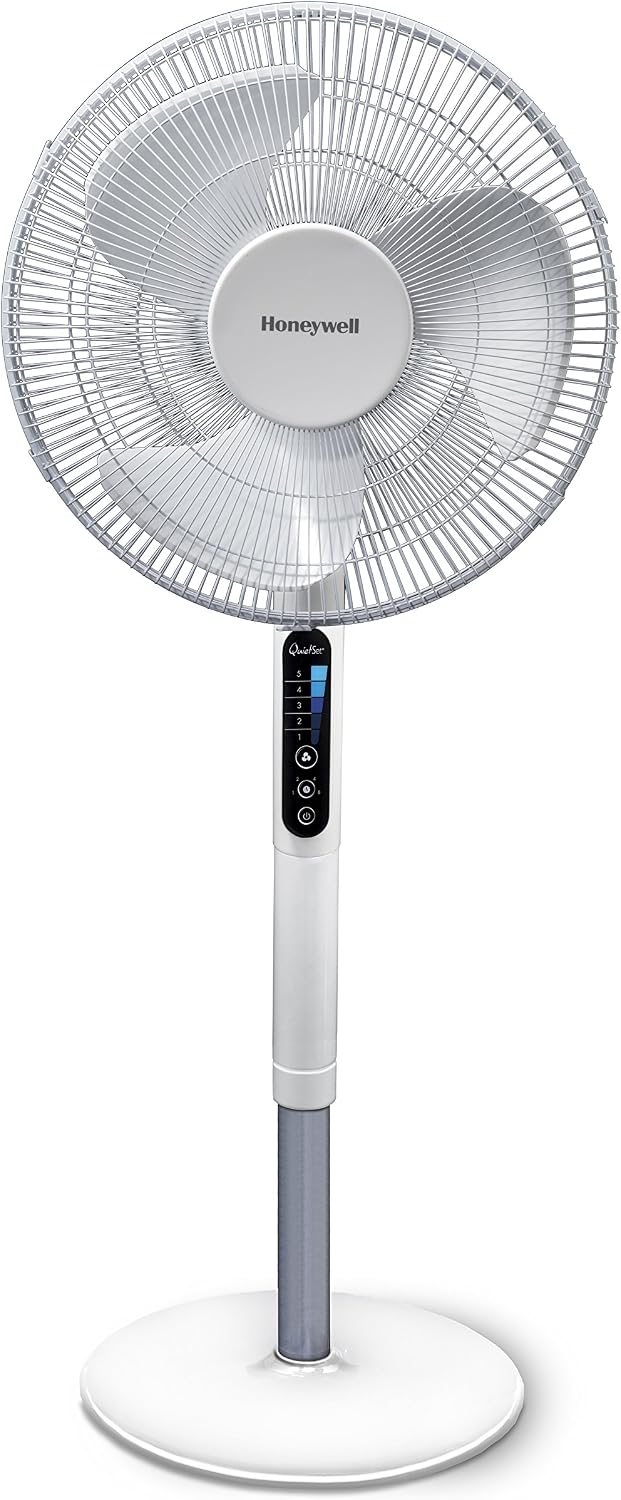 Honeywell Advanced QuietSet Oscillating Stand Fan (5 Speed Settings, Timer Function, Oscillating 70°, Height Adjustment, Remote Control, Easy to Use) HSF600W