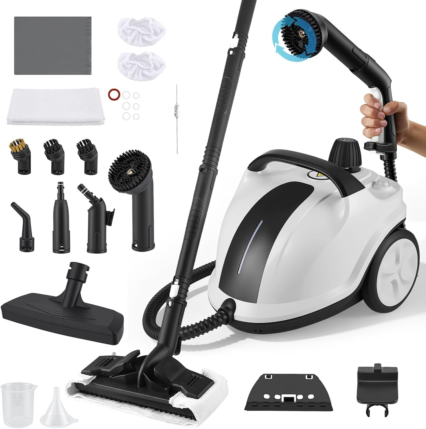 Limpiador a vapor 2000W con 5 bar de presión - Depósito de 2 litros para 100m² de superficie - Set de accesorios de 18 piezas - Limpiador a vapor portátil con cabezal de cepillo giratorio