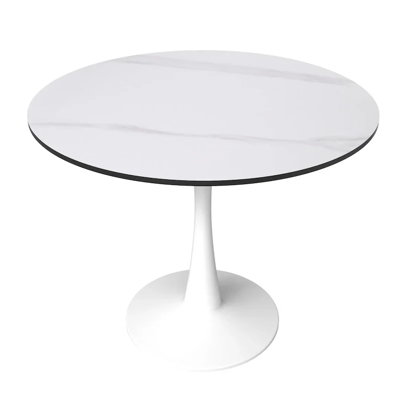 Bristol 35-Inch Round Dining Table for 4 with Sintered Stone Top and White Stainless Steel Pedestal Base