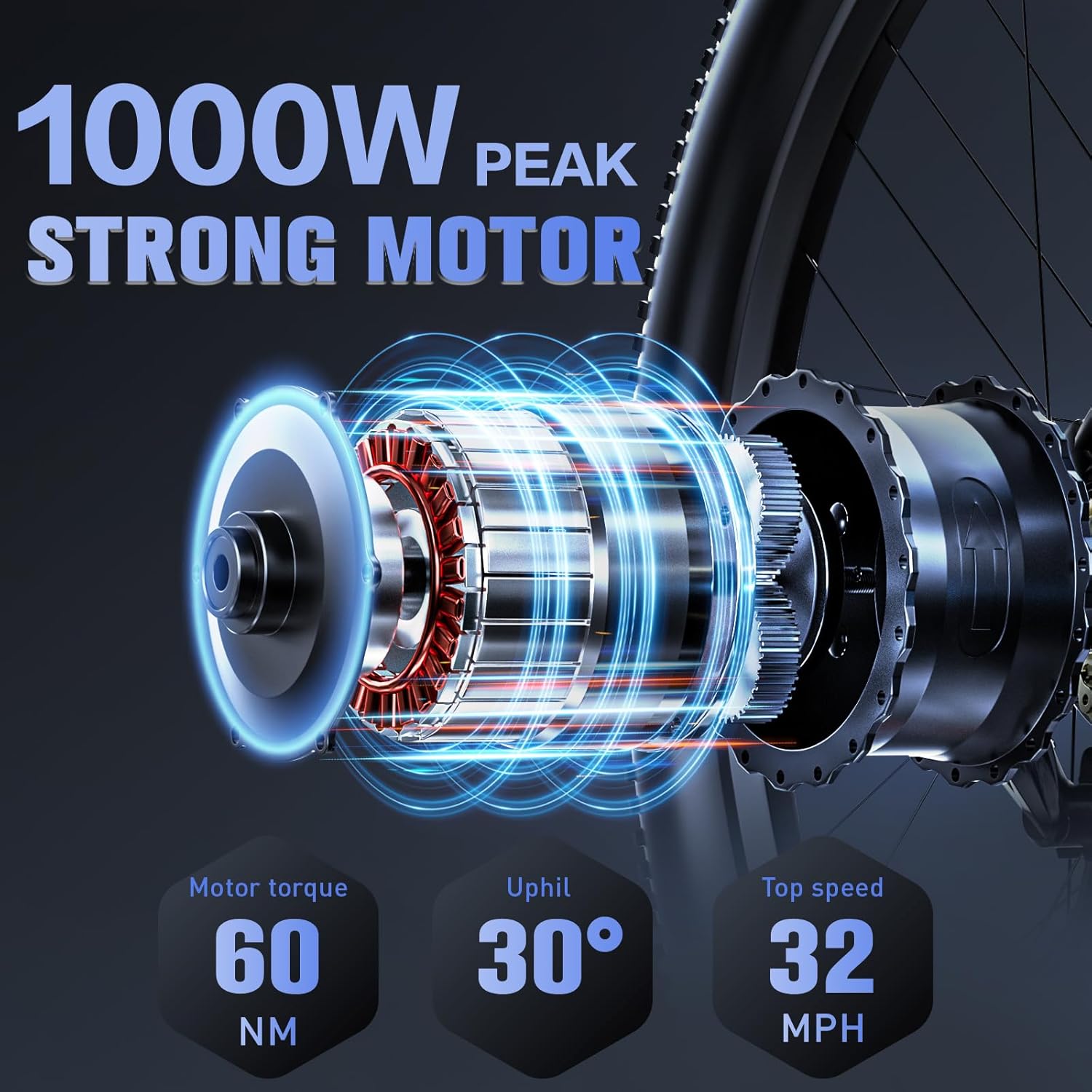 FENGQS Electric Bike for Adults,1000W Brushless Motor,21 Speed Gear,32MPH 55 Miles Ebike,48V17.5Ah Removable Battery Electric Mountain Bike,Commuting E Bike with Fork Suspension