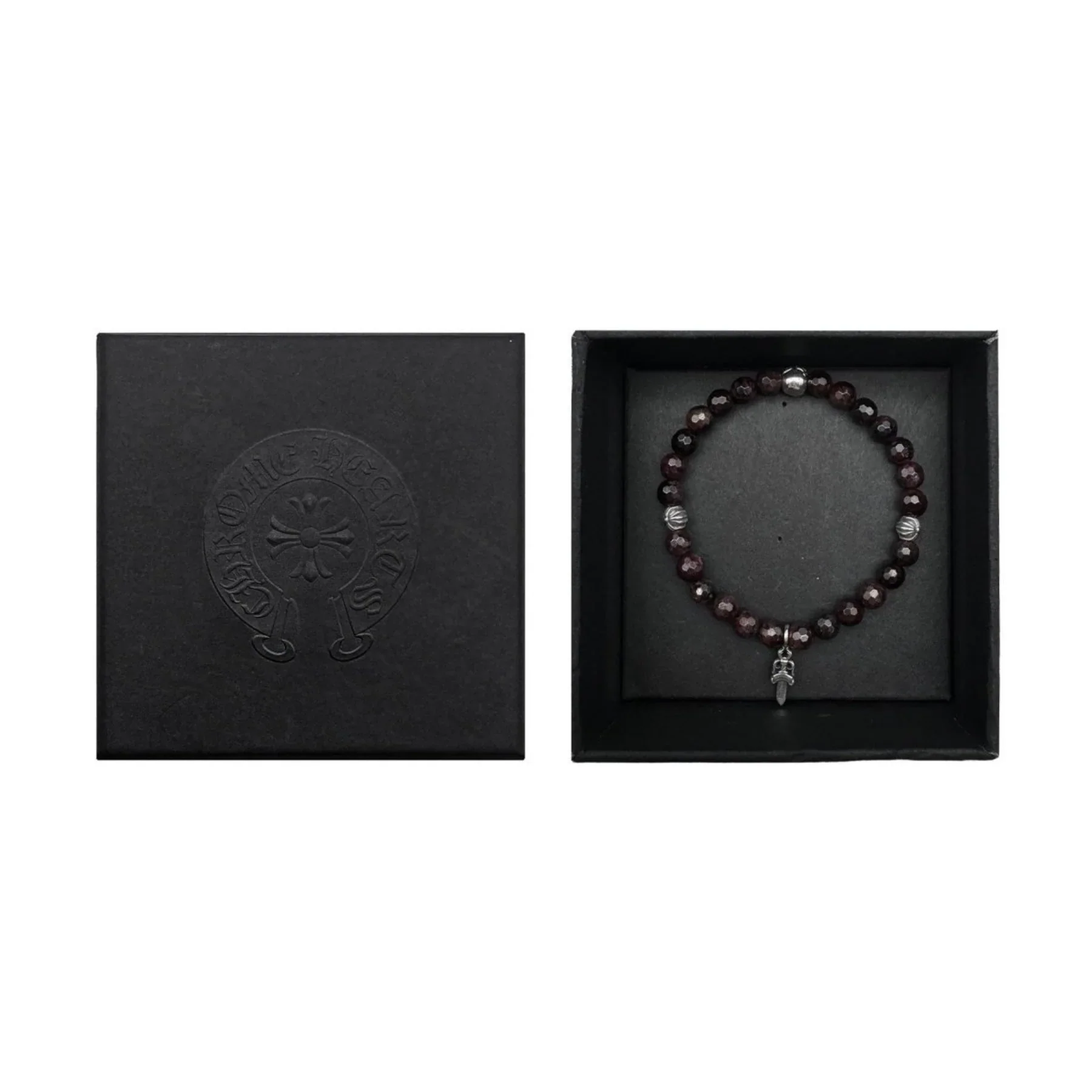 Chrome Hearts 6mm Garnet 4 Silver Beaded Bracelet