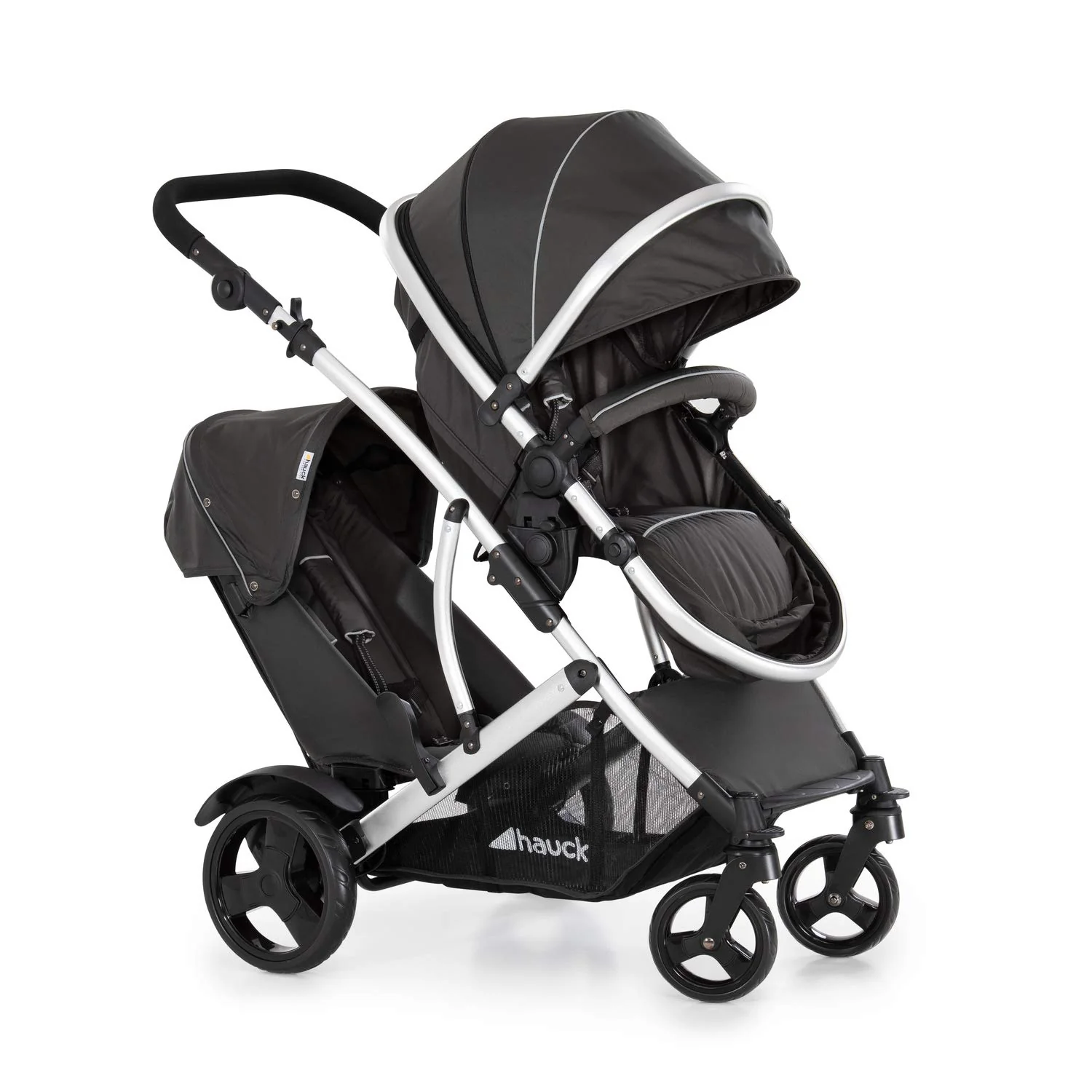 hauck Duett 2 Geschwisterwagen incl. regenhoes voor kinderen tot 15 kg per kind, hoofdstoel om te bouwen tot reiswieg vanaf de geboorte met ligpositie, tweede stoel afneembaar, in hoogte verstelbaar (Black Forest)