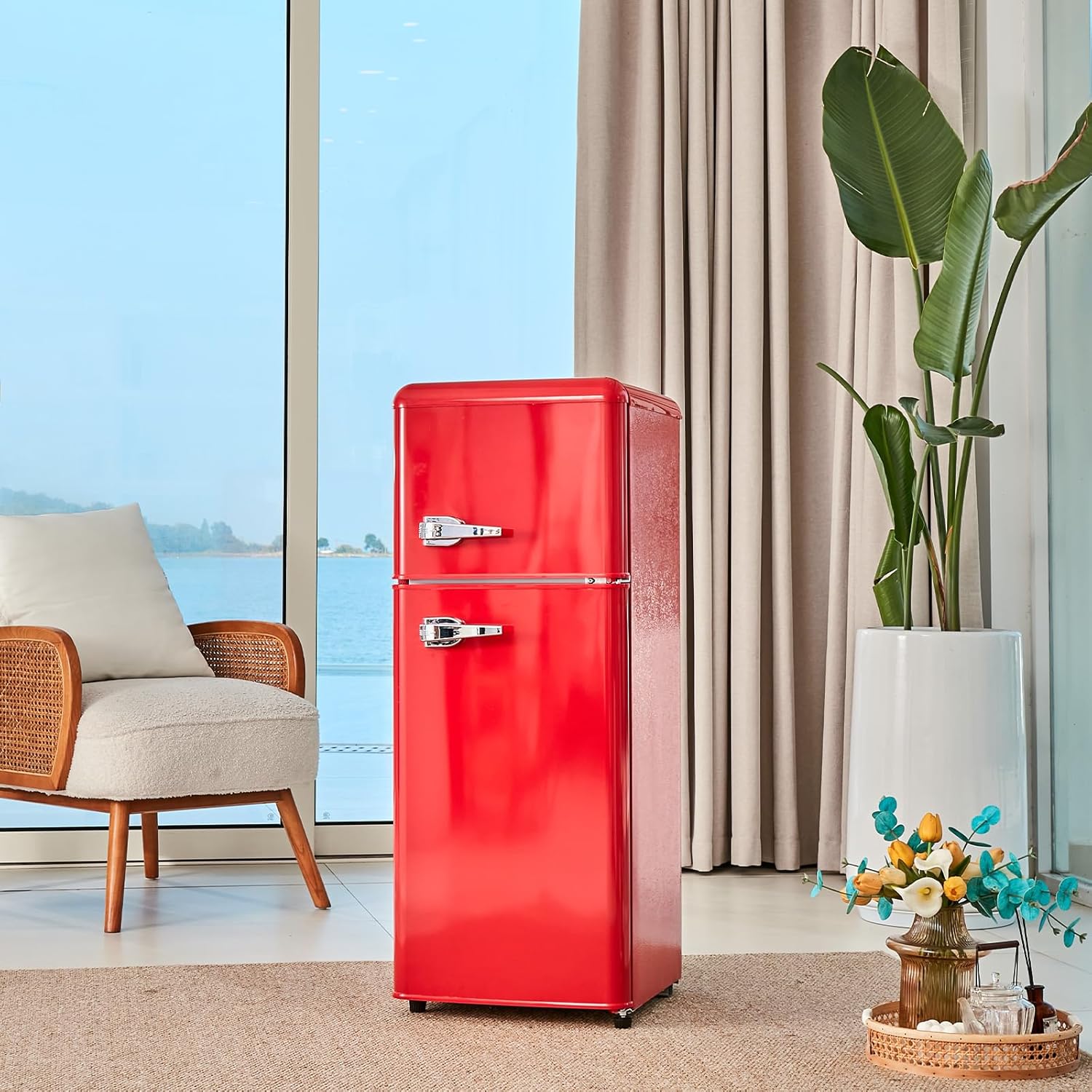 DRIXNO Retro-Kühlschrank. Kühl-Gefrier-Kombination, 105.5 cm hoch, 41 cm breit, zweitürig, mit 92 Liter Gesamtvolumen, 28 Liter Gefriervolumen. Türregale und Glasregale. 181 kWh/Jahr,