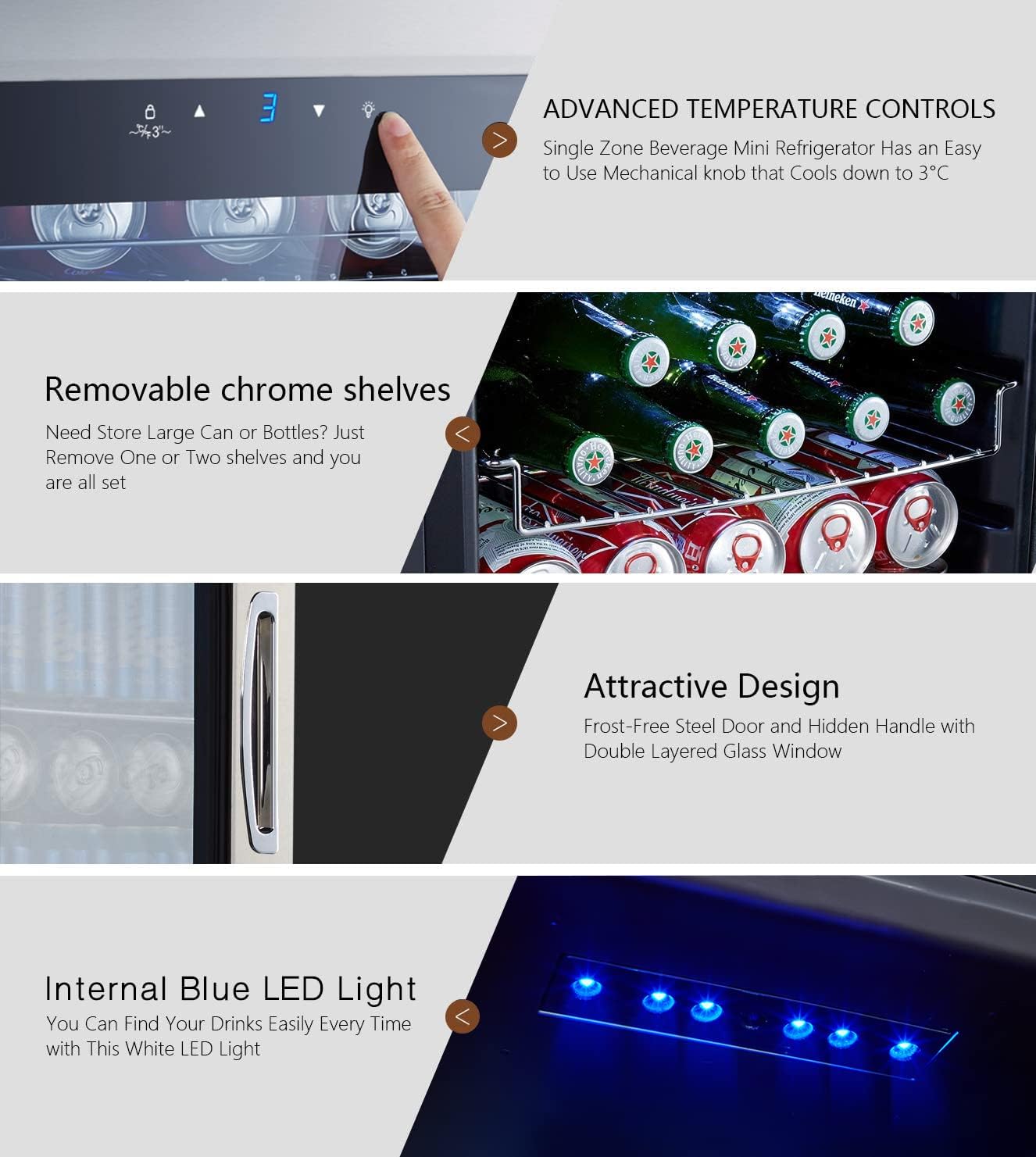 Kalamera Getränkekühlschrank, Bierkühlschrank mit Touch-Bedienfeld, 3-18°C Kühlzone, Flaschenkühlschrank 86 Liter, Blaue LED-Innenbeleuchtung, 41 dB, KRC-86GE