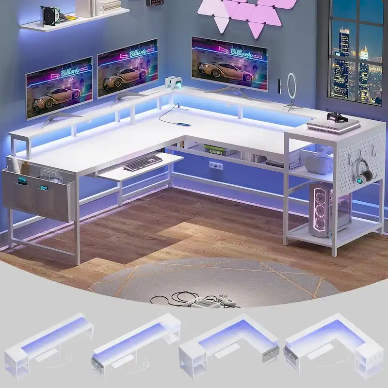 L Shaped Computer Desk Gaming Desk Keyboard Tray Power Outlets & LED