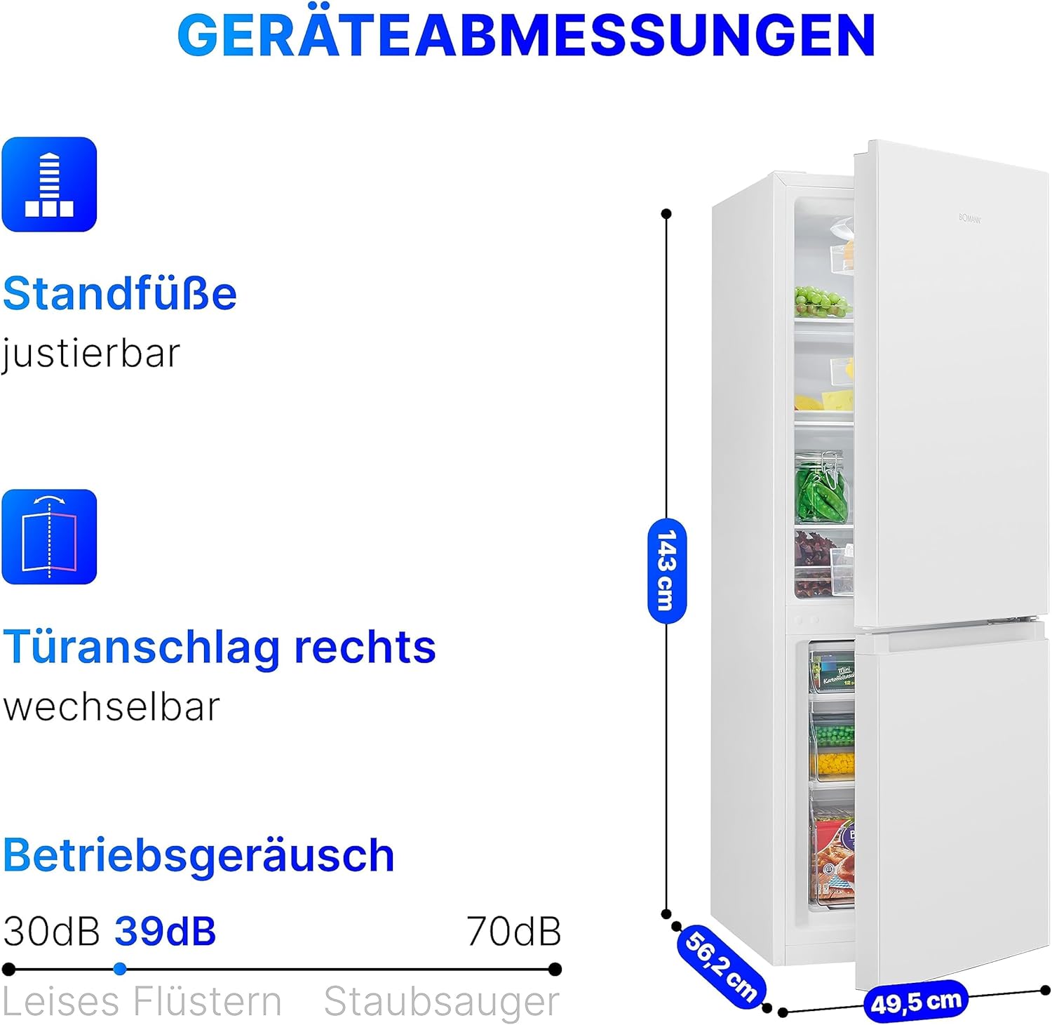 Bomann Fridge-Freezer KG 320.2, 143 cm High, Fridge-Freezer with 175 Litre Capacity, 3 Shelves and 3 Drawers, Door Stop Replaceable, Quiet Fridge-Freezer 39 dB, Black