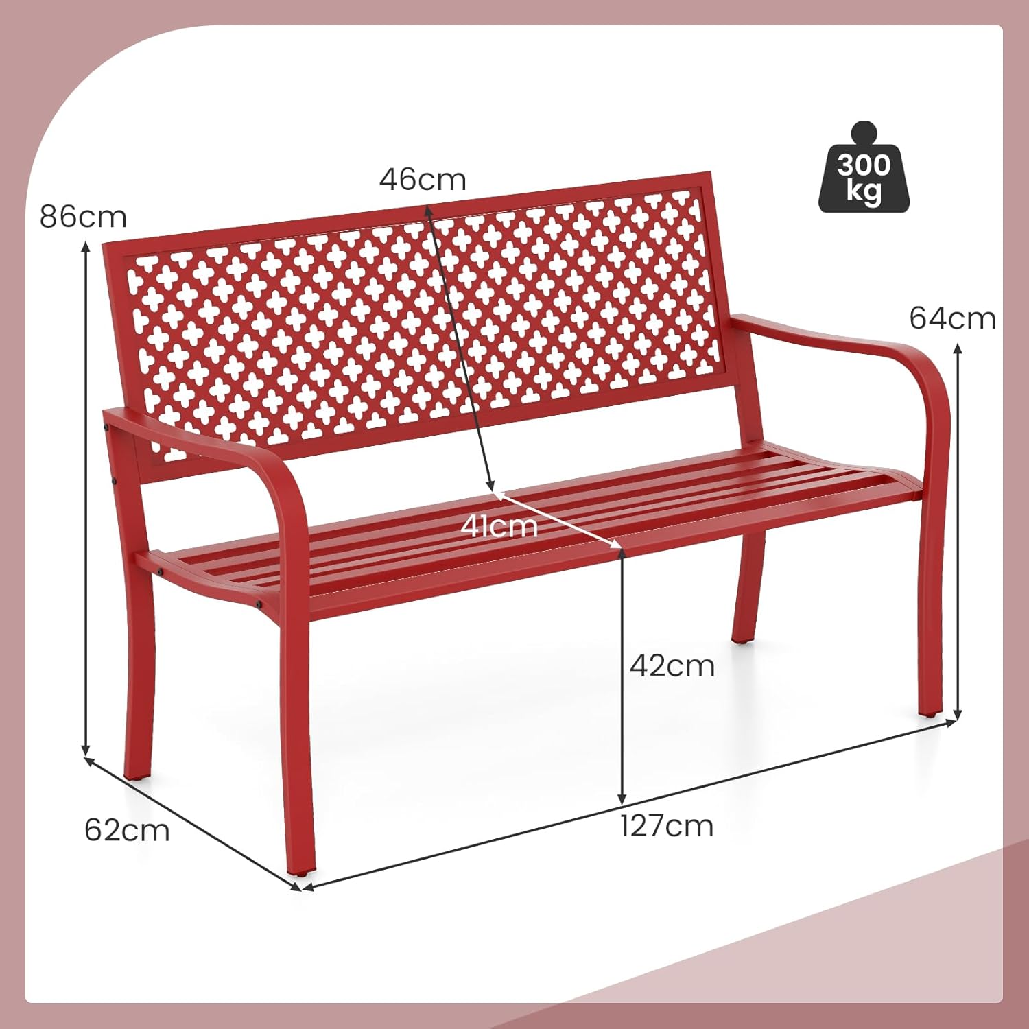 COSTWAY Gartenbank Metall, wetterfeste Sitzbank für 2-3 Sitzer, Parkbank mit Rückenlehne & Armlehne, Metallbank bis 300 kg belastbar, Eisenbank für Garten, Terrasse, Balkon, 127 x 62 x 86 cm (Rot)