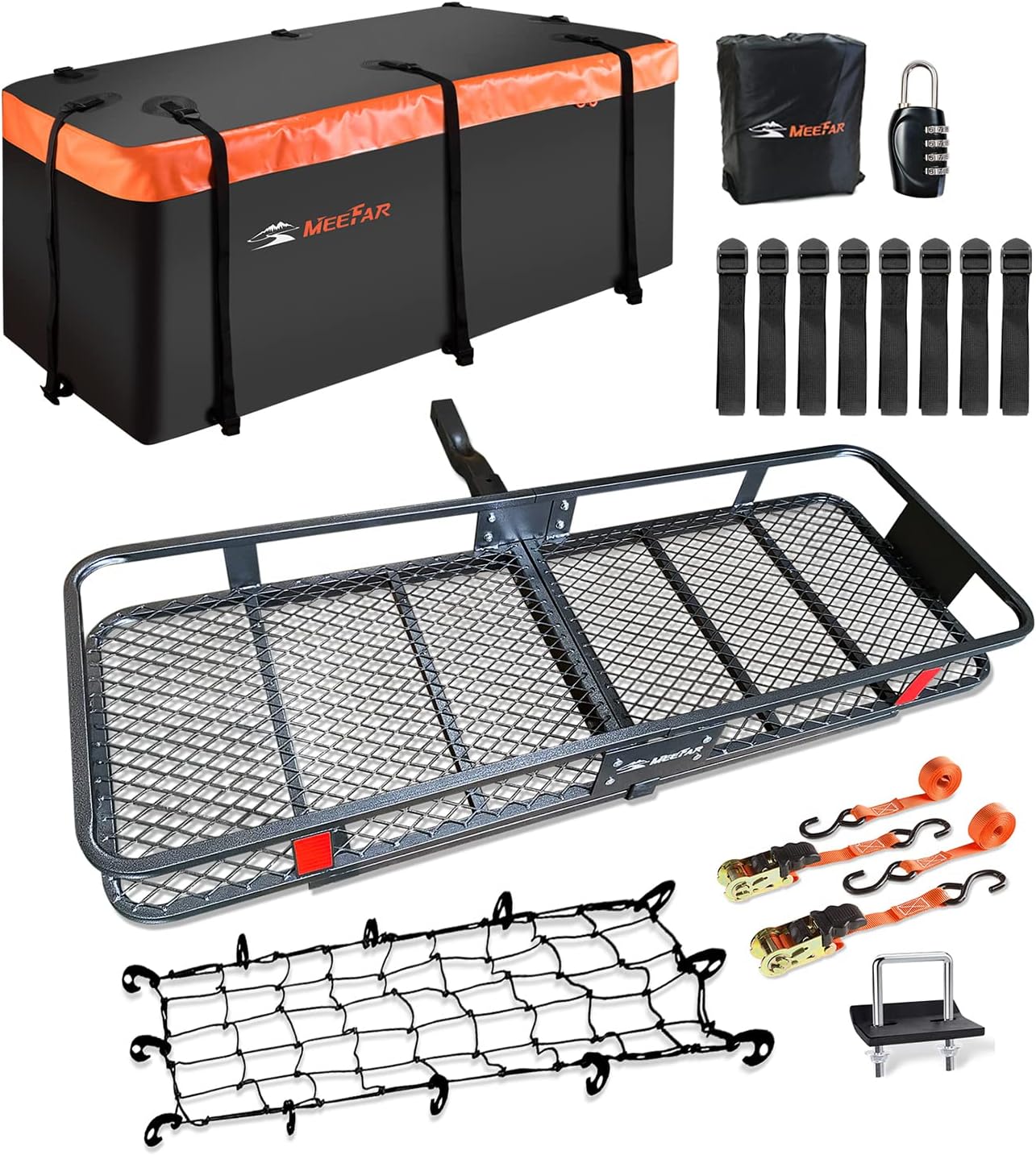 Folding hitch mounted cargo basket 60
