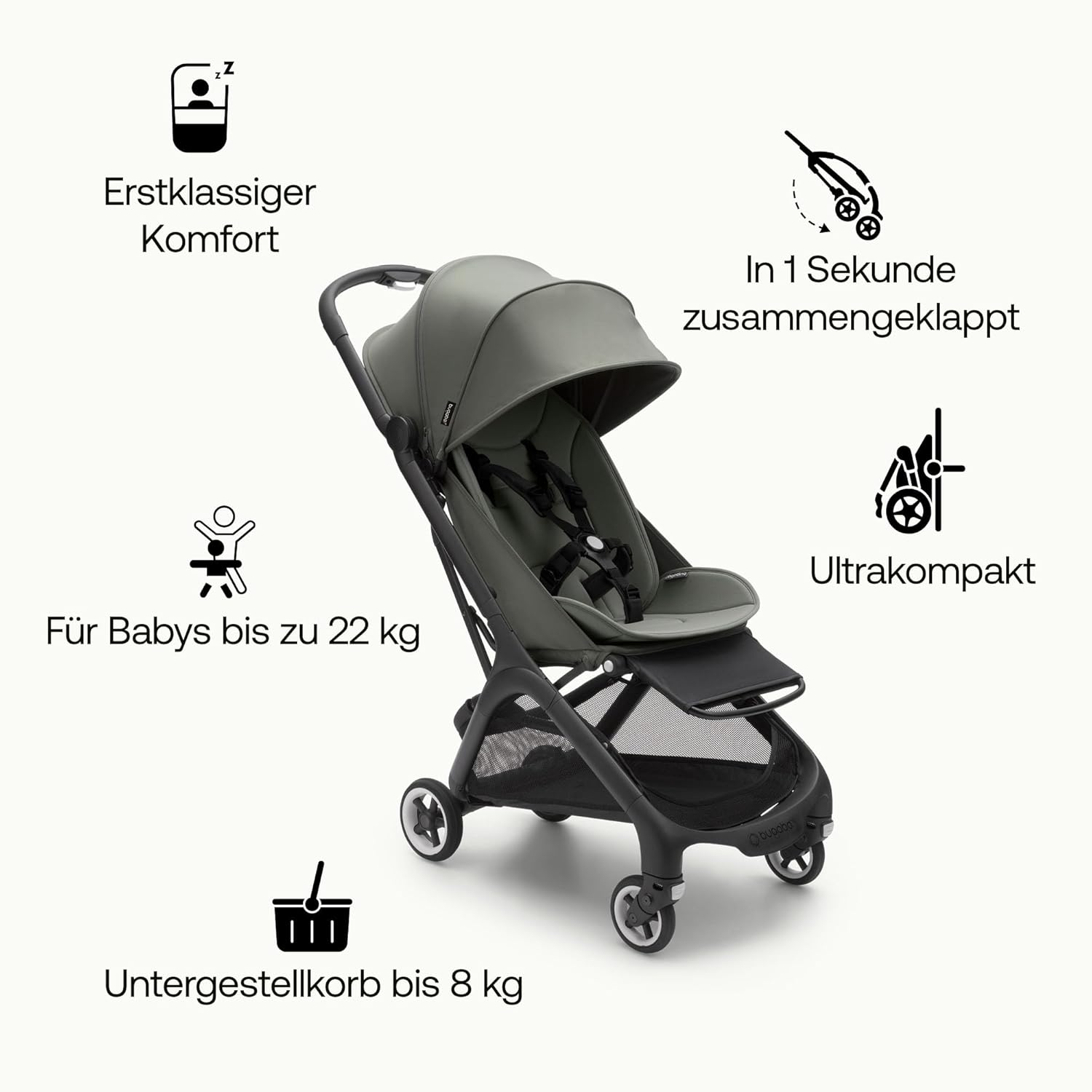 Bugaboo Butterfly ultrakompakter Reise-Kinderwagen, klein & leicht, einhändig faltbar und einfach zu lenken, ergonomischer City-Buggy für Babys ab 6 Monaten, mit viel Stauraum, Stormy Blue