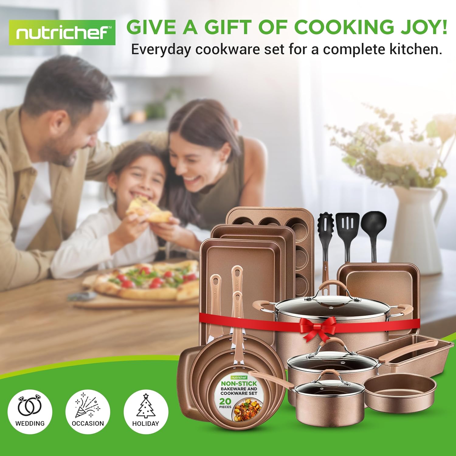 20-Piece Nonstick Kitchen Cookware Set PFOA/PFOS-Free Heat Resistant Lacquer Kitchen Ware Pots Baking Pan Set w/ Saucepan, Frying Pans, Cooking Pots, Oven Pot, Lids, Utensil NCCW20S
