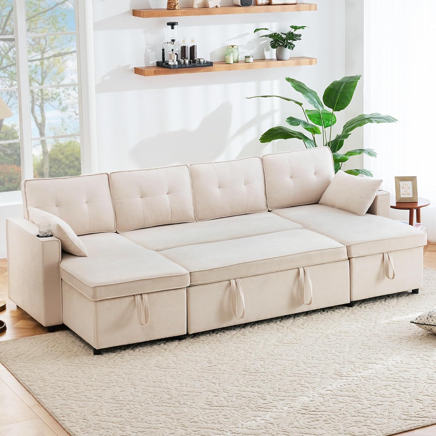 bäddsoffa med sovfunktion, U-formad soffa, stoppad soffa, bomulls- och linnetyg, med mugghållare, två förvaringsutrymmen, lämplig för familjer, vardagsrum och andra platser (grå + 3