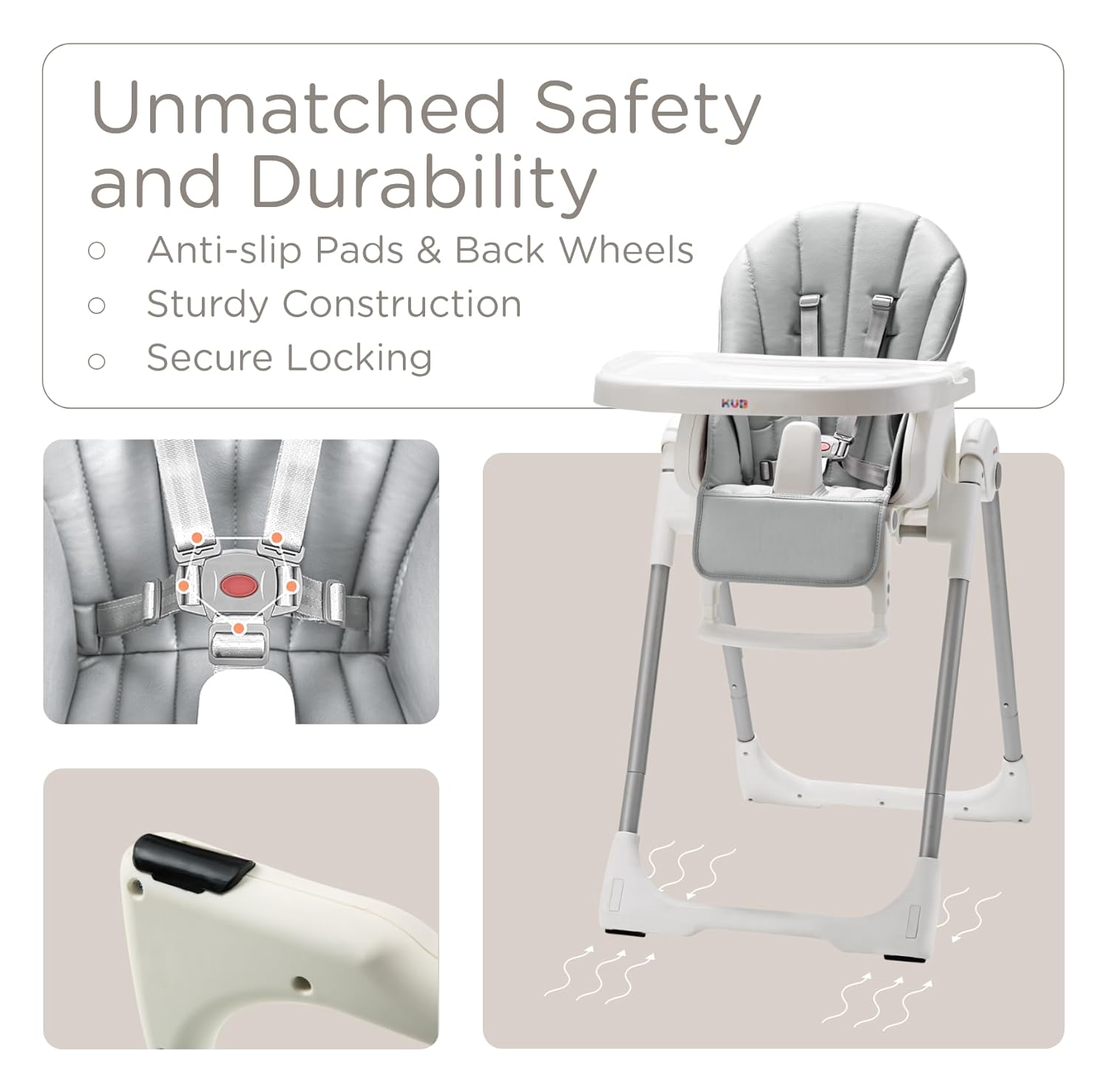 JBG Foldable Baby High Chair, Grey Faux Leather, Adjustable Height & Recline, Removable Tray, Locking Wheels, 5-Point Harness