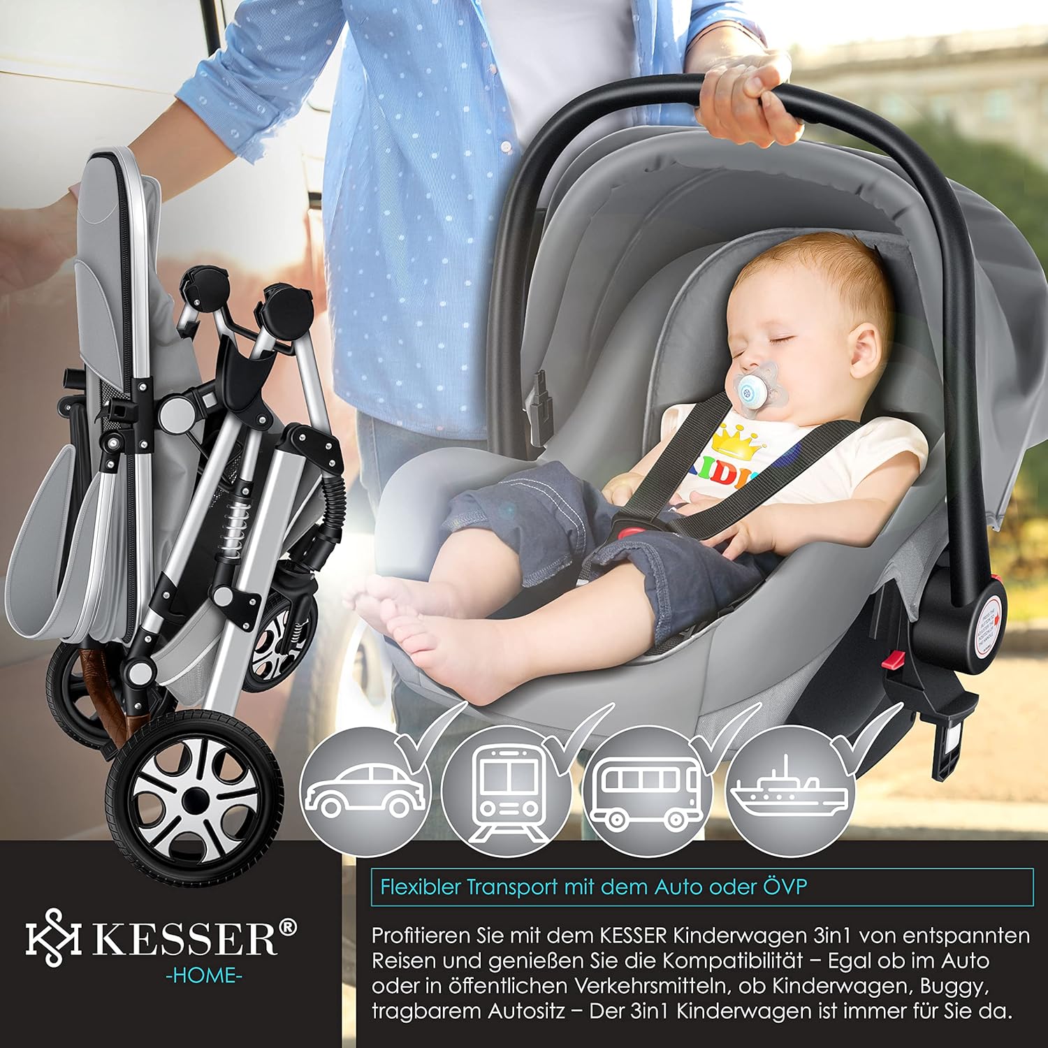 KESSER® Loops 3 in 1 Kinderwagen Kombikinderwagen Komplett-Set inkl. Babywanne & Buggy Sportsitz & Auto-Babyschale Voll-Gummireifen Wickeltasche Regenschutz Kindertisch ECE R129, Grau/Silber