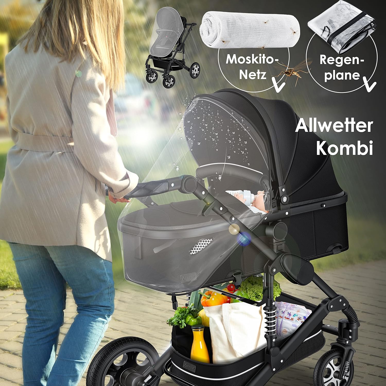 KESSER® Loops 3 in 1 Kinderwagen Kombikinderwagen Komplett-Set inkl. Babywanne & Buggy Sportsitz & Auto-Babyschale Voll-Gummireifen Wickeltasche Regenschutz Kindertisch ECE R129, Grau/Silber