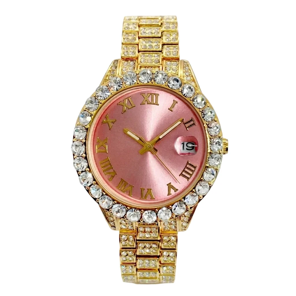 Big Daddy Bling Gold Pink Dial Roman Numeral Watch
