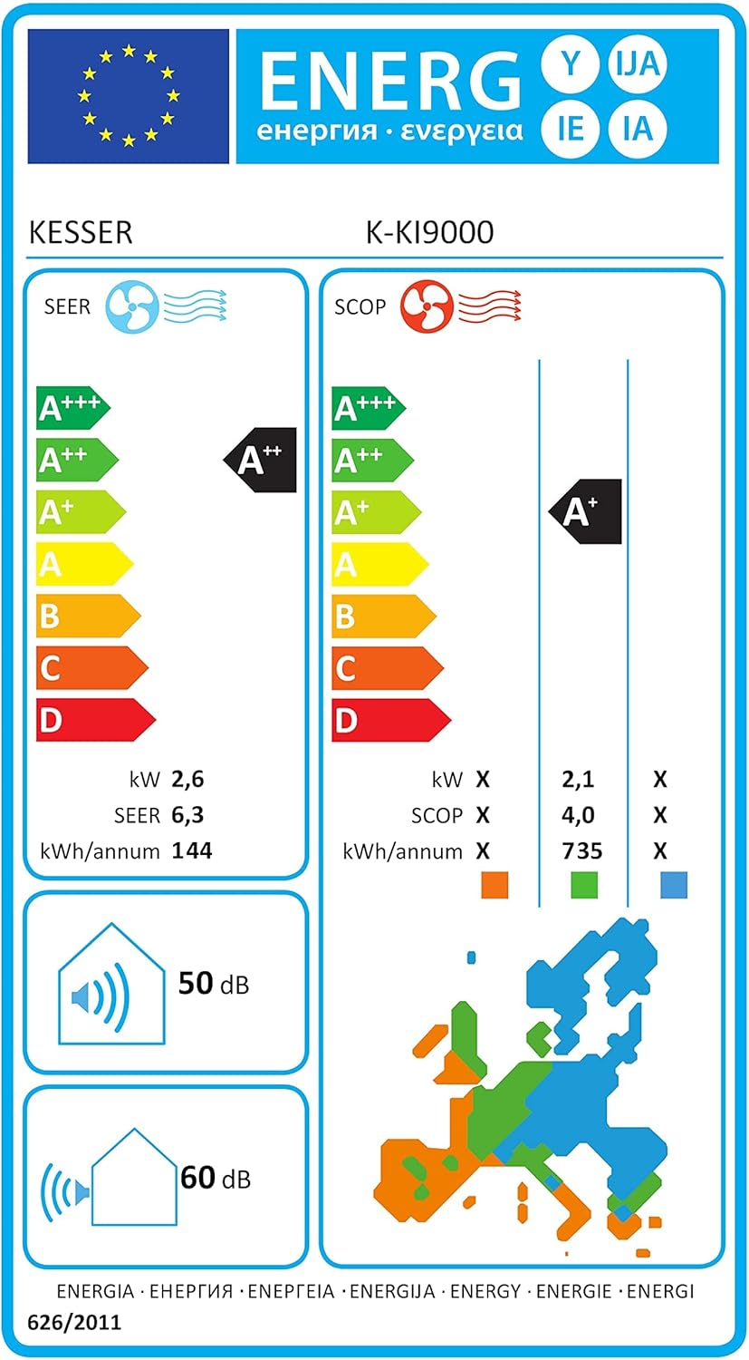 KESSER® Klimaanlage Set Split - mit WiFi/App Funktion Klimagerät - Kühlen A++/ Heizen A+ - 9000 BTU/h (2.600 Watt) Kältemittel R32 - Fernbedienung, Timerfunktion - Inkl. komplettem Montagematerial