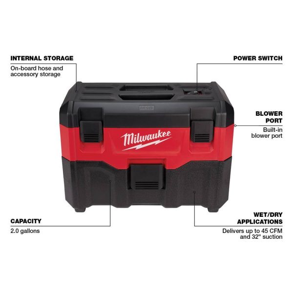 0880-20-0882-20 M18 18-Volt 2 Gal. Lithium-Ion Cordless Wet/Dry Vacuum with M18 Compact Vacuum (2-Tool)