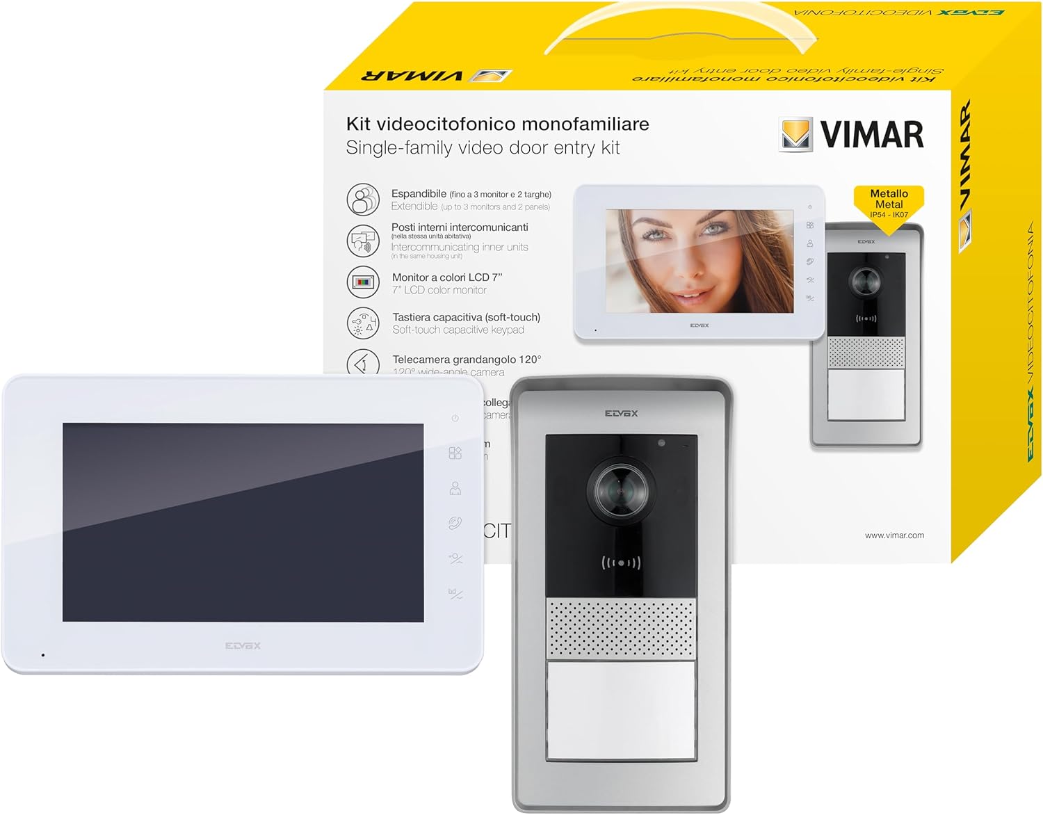 VIMAR K42930 Kit videocitofono monofamiliare con tastiera capacitiva, targa audiovideo RFID, alimentatore 40103, alimentatore barra DIN, tradizionale