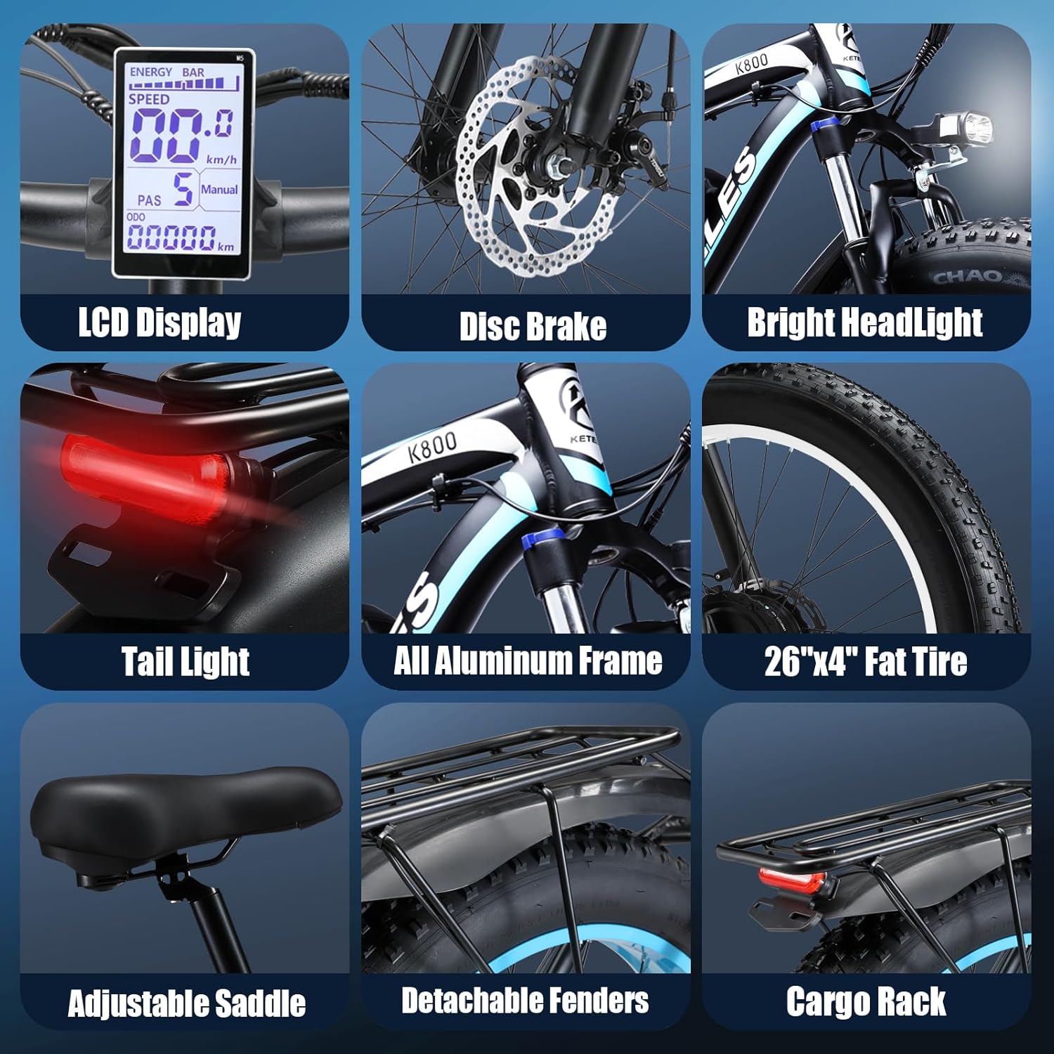 Electric Bike for Adult, 26 x 4.0 Fat Tire Ebike, 1000W/2000W Peak Electric Bicycle, 48V 13/17.5/23AH Waterproof Battery, Front Suspension Ebike, 27MPH-46MPH, Adjustable Seat, UL and GCC Certified