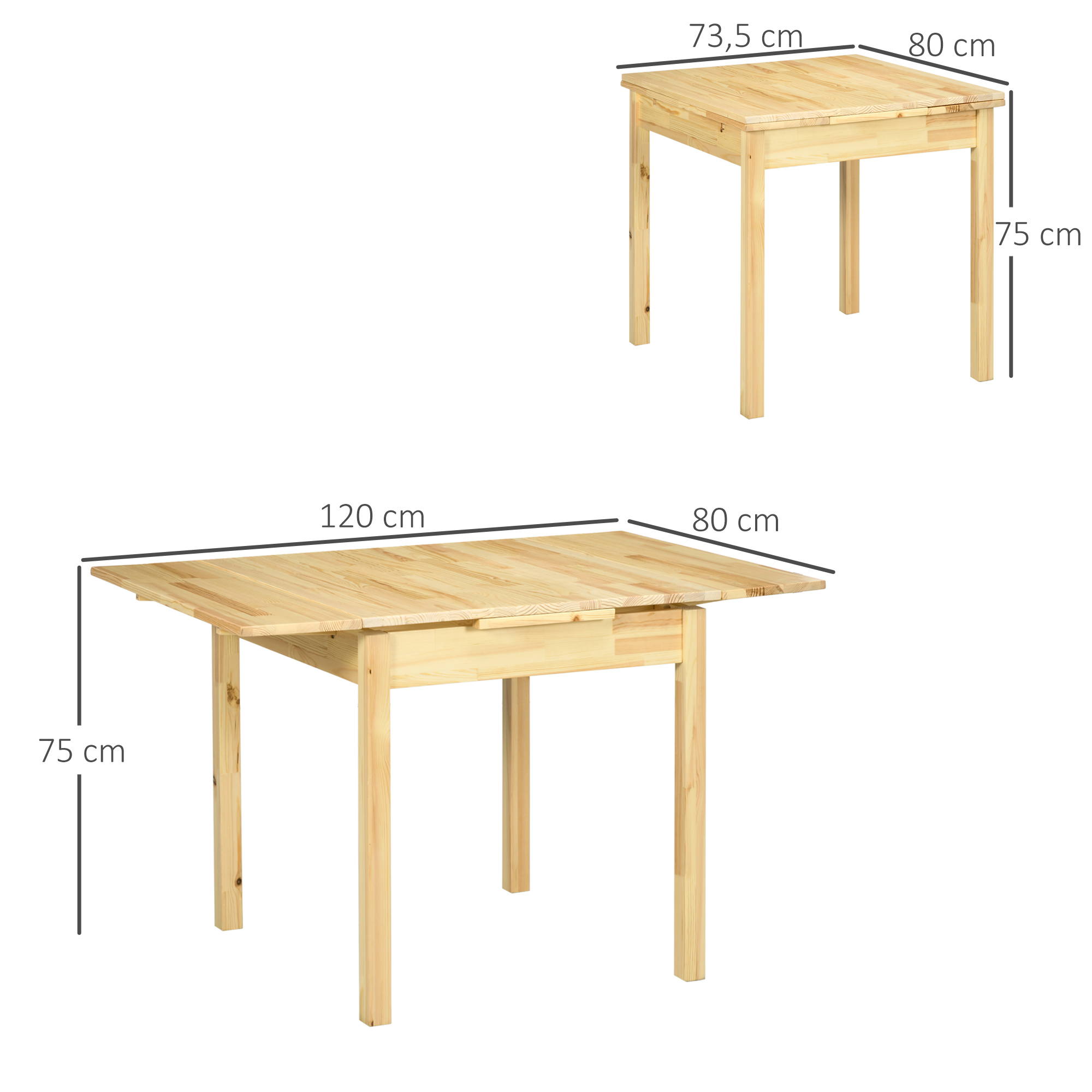 Massief houten eettafel, opklapbare tafel, uitbreidbaar, naturel