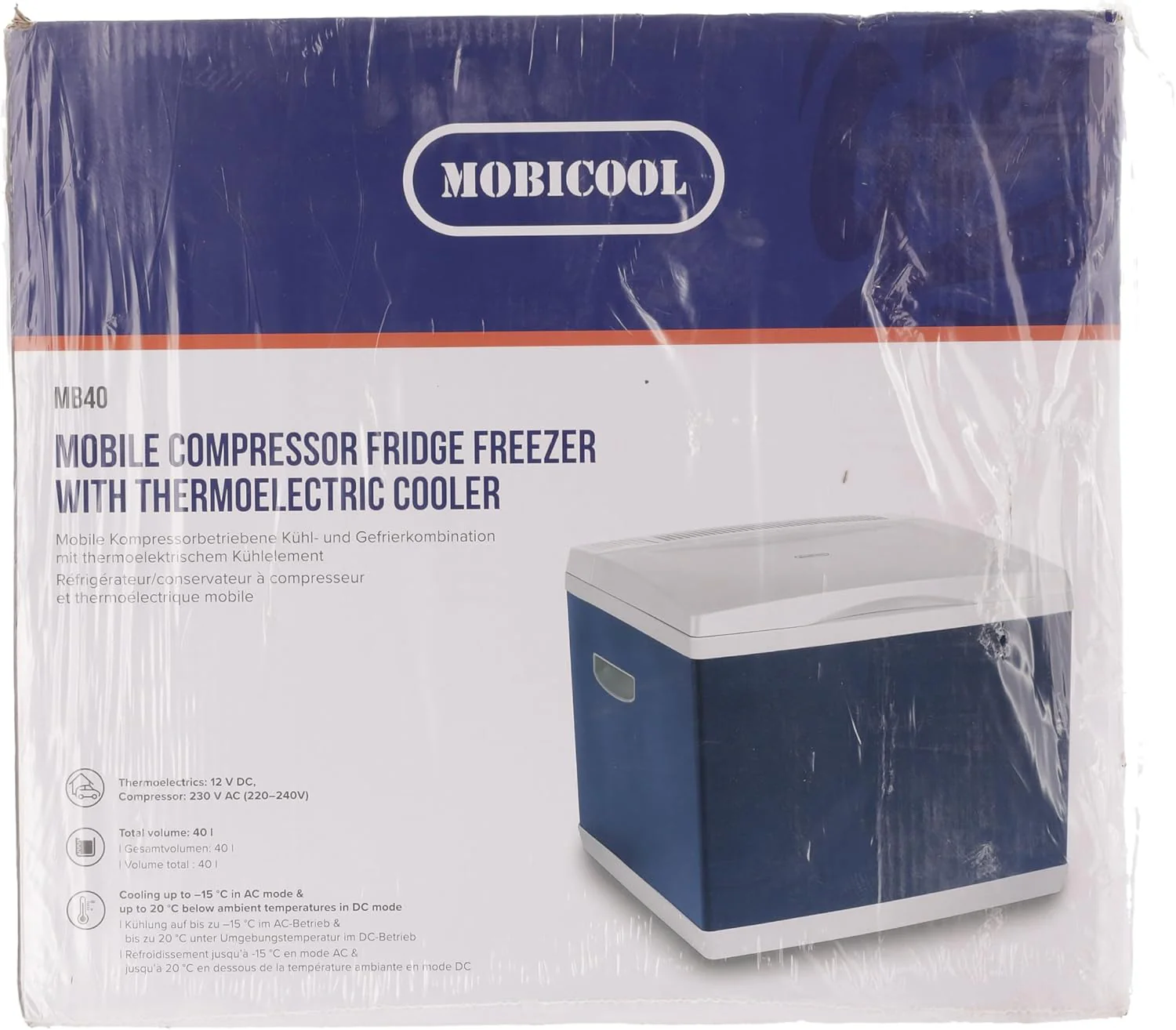 Mobicool MB40, Hybride, draagbare compressor- thermo-elektrische koelbox/vriezer, 38 liter, 12 V en 230 V voor auto, vrachtwagen, stopcontact, Blauw