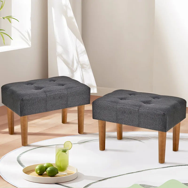 Set of 2 Small Linen Foot Stools with Legs - Rectangle Upholstered Ottoman Footrests