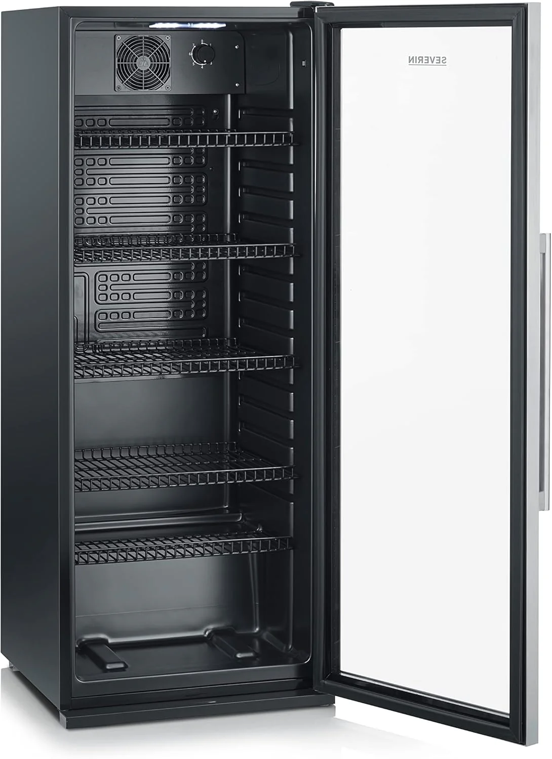 SEVERIN Flaschenkühlschrank, mit integriertem Schloss und integrierter LED-Beleuchtung, 118 L Nutzinhalt, schwarz/silber, FSK 8840