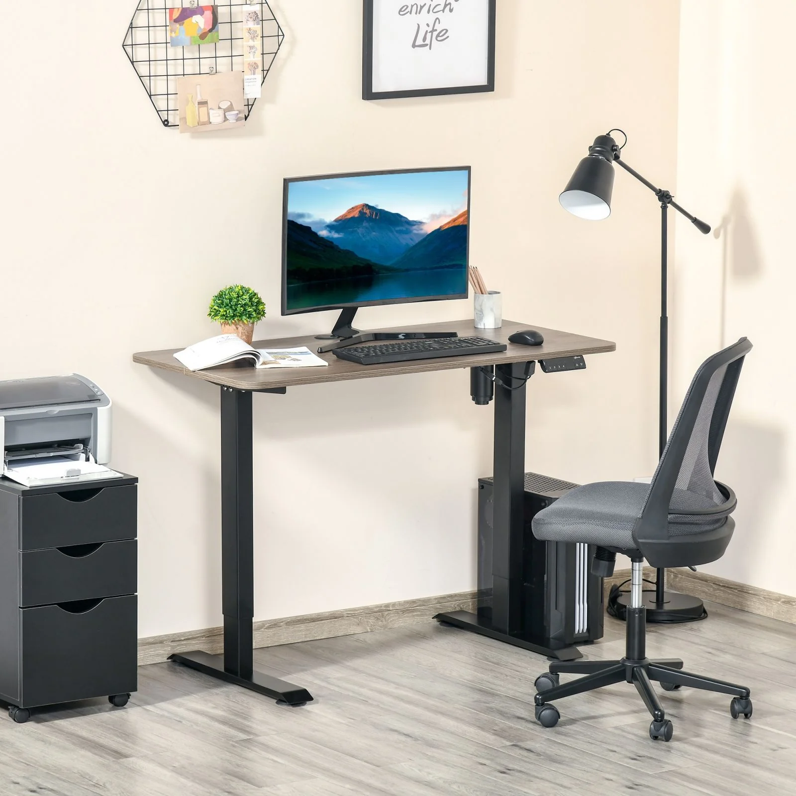 Easycomfort Scrivania Sollevabile a 4 Altezze con Design Anticollisione, Scrivania Porta PC con Regolazione Elettrica, Metallo Nero Legno Teak