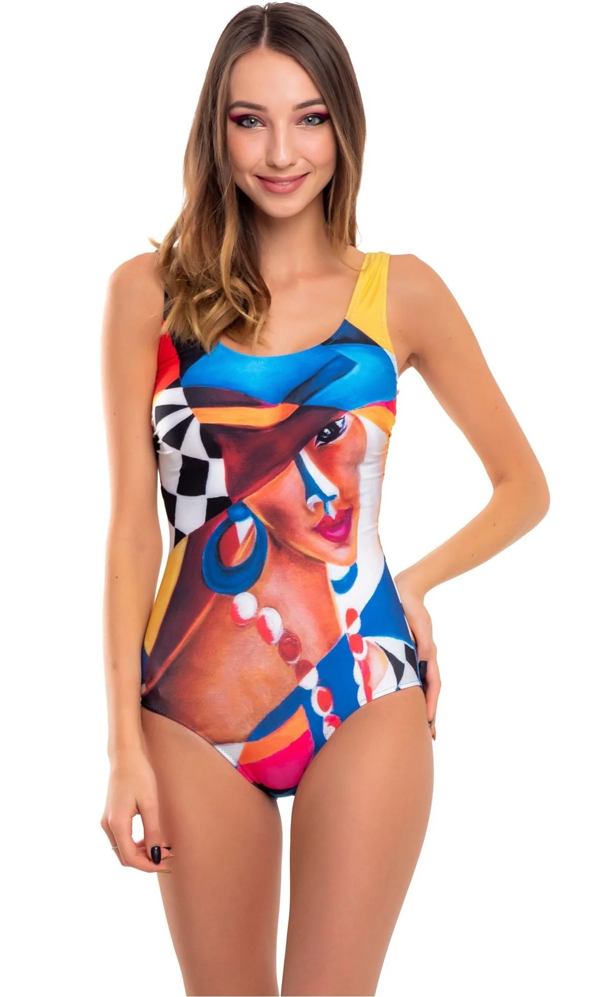 Shaping, One piece classic with cups 'Chess cubism' swimwear