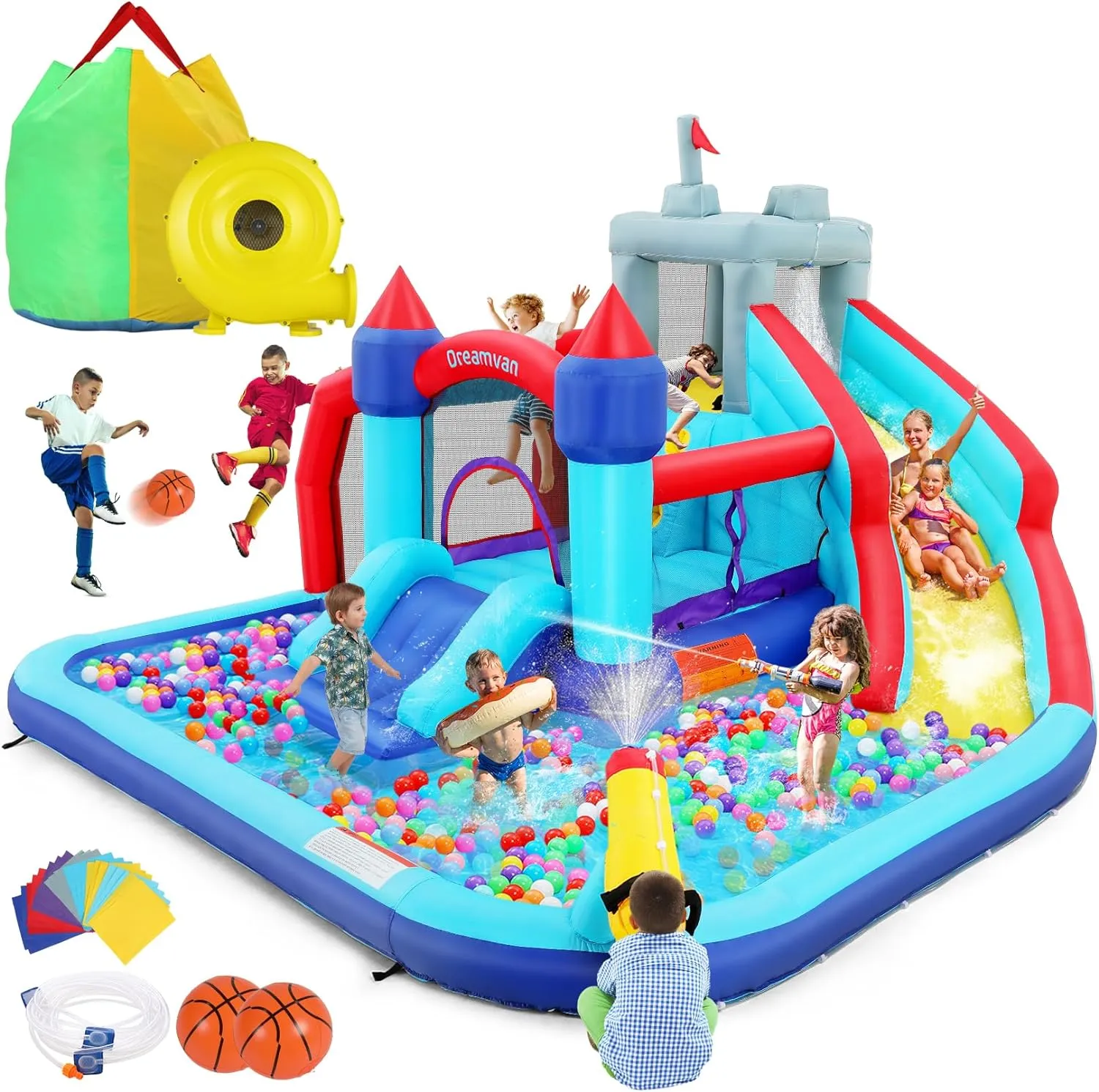 Aufblasbare Wasserrutschen für Kinder, 8-in-1-Hüpfburg-Wasserpark mit 450-W-Gebläse, Kletterwand, Planschbecken, 2 Wasserkanonen, Basketballkorb, Wasserrutsche, Krokodilsprinkler als Geschenk für eine Gartenparty