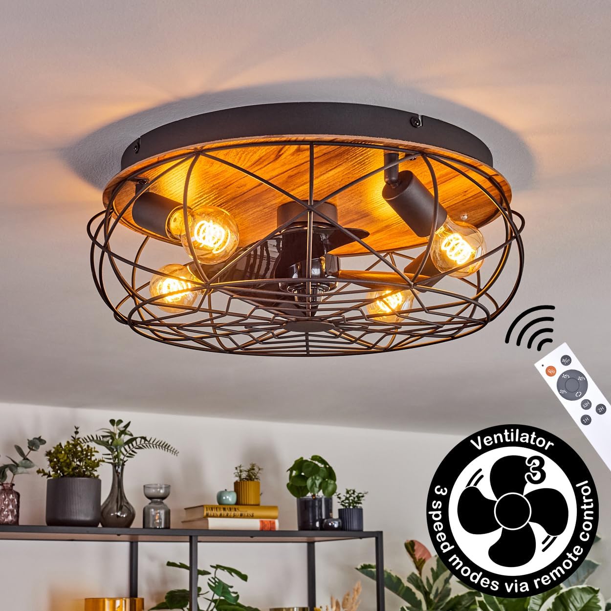 LED Deckenventilator Tourais, Ventilator aus Metall/MDF in Schwarz/Holzoptik, Deckenleuchte im Retro/Vintage-Design in Gitter-Optik, Lichteffekt u. Fernbedienung, Wohnzimmer, Schlafzimmer, Esszimmer