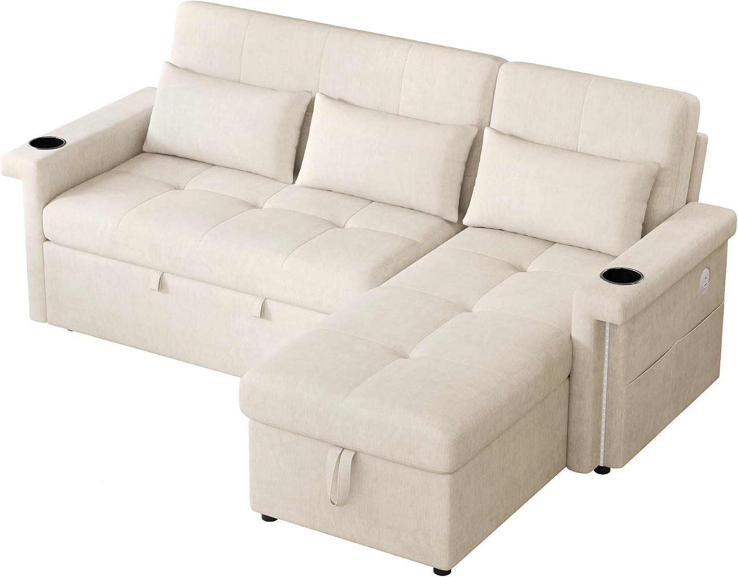 ladez Sofá Cama esquinero en Forma de L con función de Dormir con LED y Conexiones USB, Respaldo Ajustable, sofá esquinero de 3 plazas con Espacio de Almacenamiento, Chaise Longue para salón