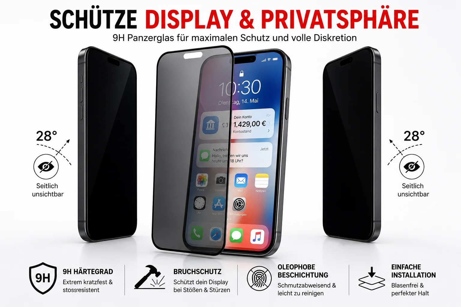 Privacy Displayschutzglas f��r iPhone | 9H Schutzglas mit Sichtschutz | Anti Spy