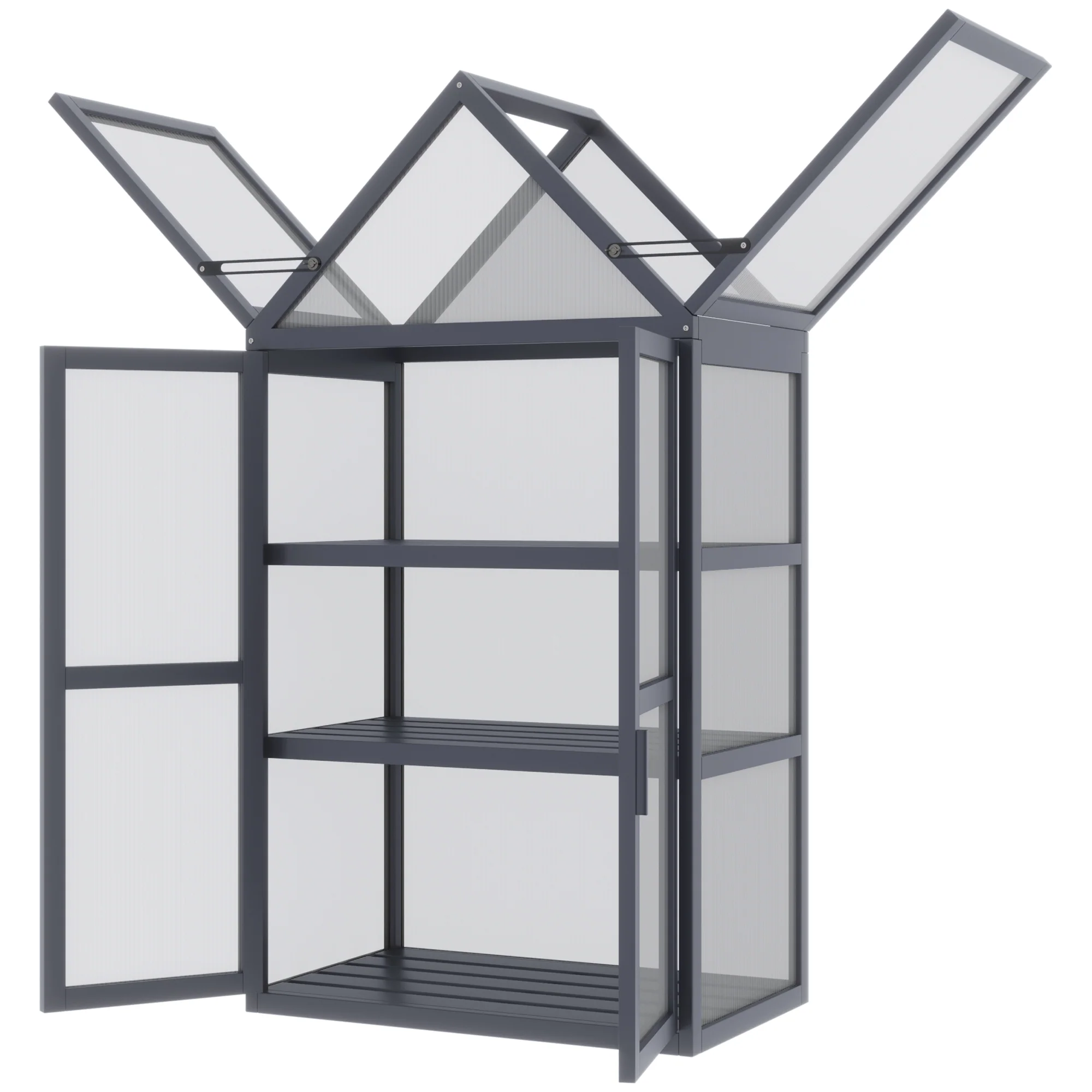 Outsunny kas met 3 planken, massief hout, behuizing van polycarbonaat, grijs, 70,5 x 42 x 132 cm