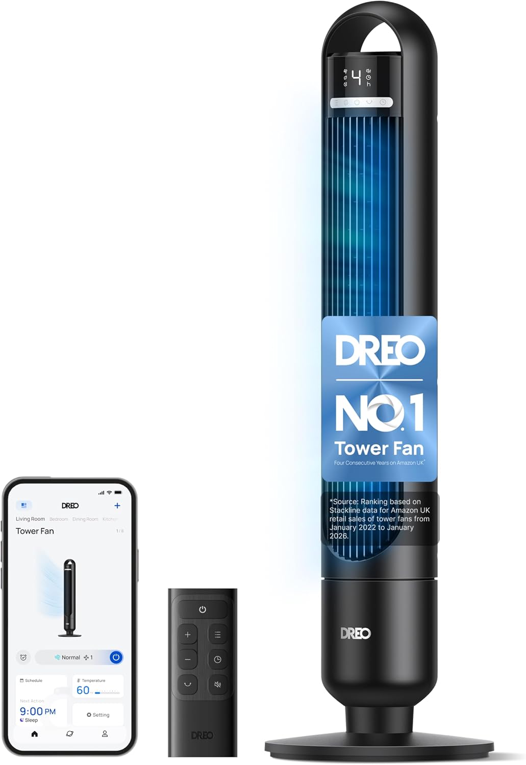 DREO Quiet Tower Fan for Bedroom& Home, 25ft/s Powerful Airflow, 29ft Coverage, 1-8H Timer, 4 Speeds, 3 Modes, 28dB Bladeless Fan with Remote Control, 90ยฐ Oscillating Cooling Fan, LED Display