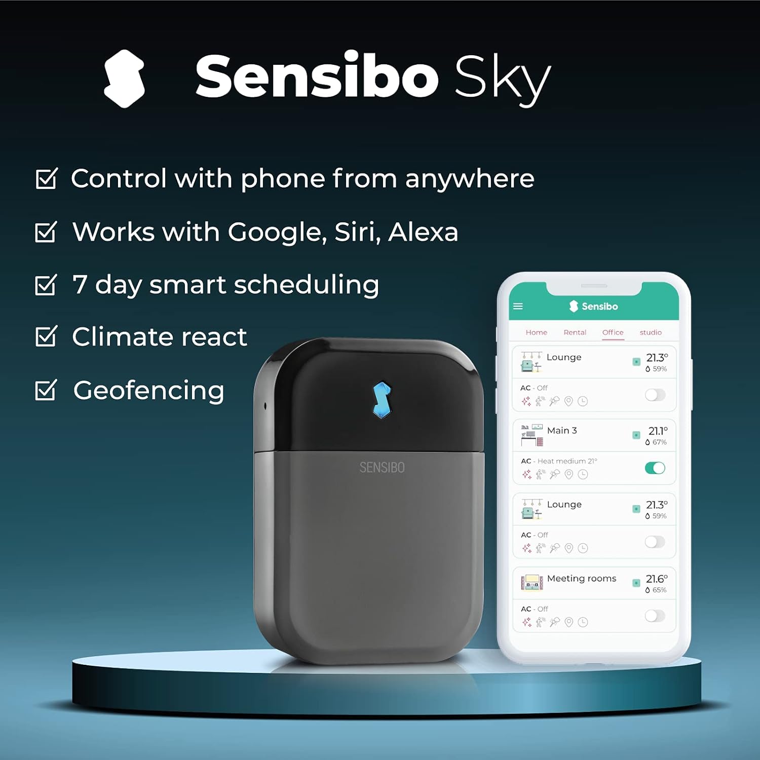 Sensibo Sky, kabellose  e Steuerung für Klimaanlagen. Schnelle & einfache DIY-Installation. Komfort dank energieeffizienter Thermostat-Control-App. Kompatibel mit Google, Alexa & Siri