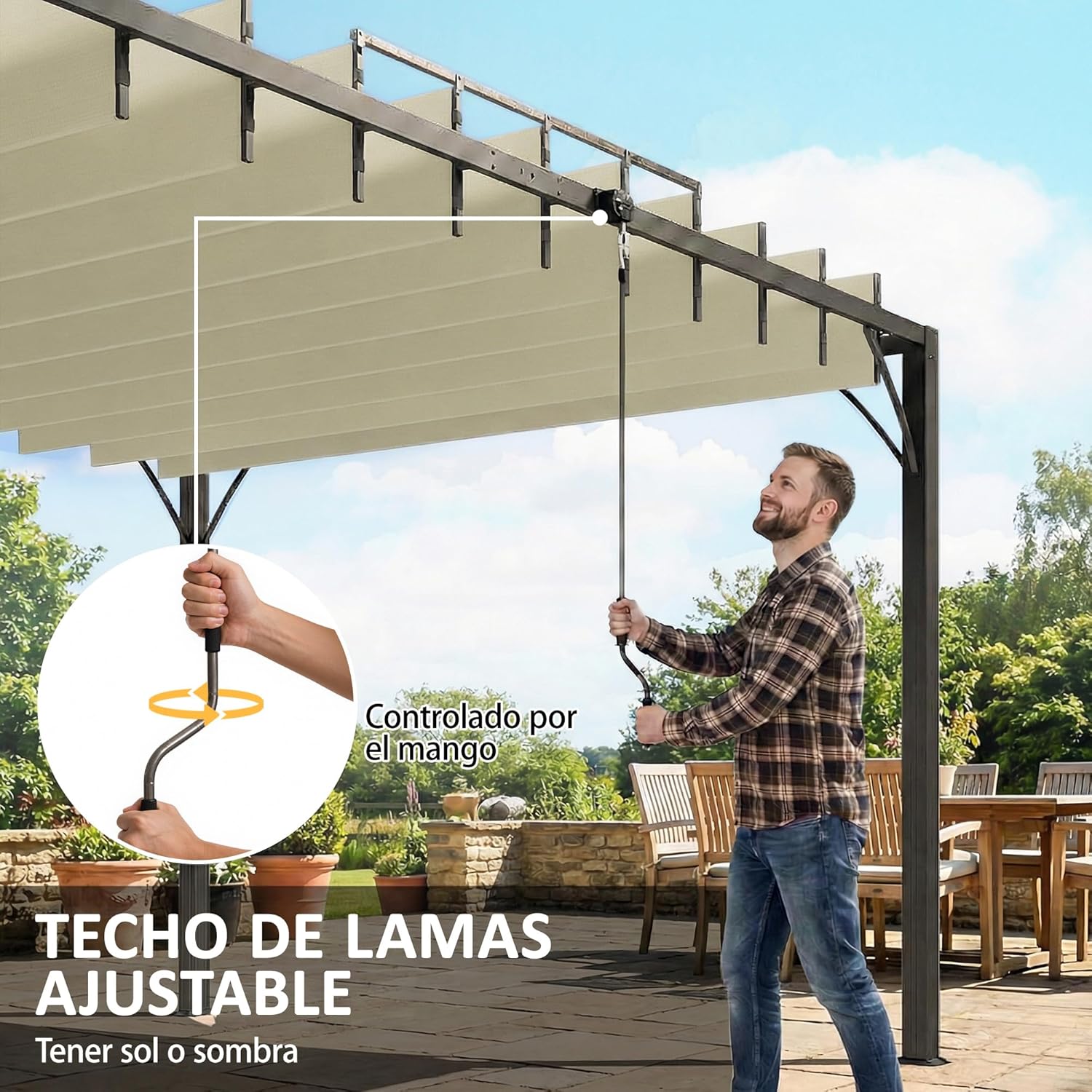 Outsunny Pérgola de Jardín 3x4 m, Cenador de Jardín con Techo de Lamas Orientables a 135°, Columna de Aluminio, Vigas de Hierro, Protección UPF30+, Pabellón para Exterior, Patio, Terraza, Blanco Crema