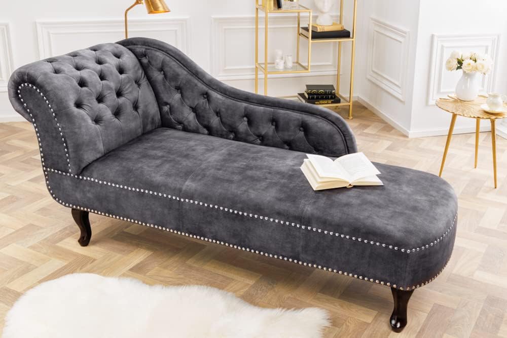 riess-ambiente.de Chesterfield Récamière 170cm grau strukturiertes Samt mit Knopfheftung und Nietenbesatz