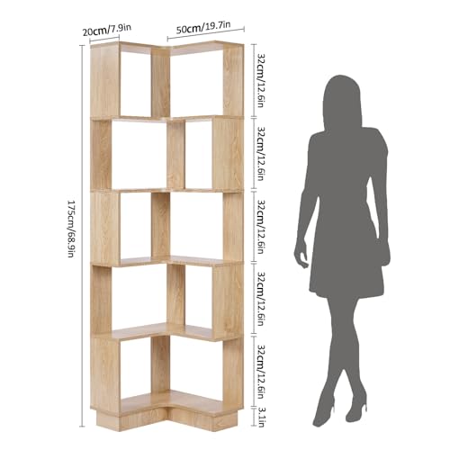 bimiti Libreria angolare a 6 strati, in legno, altezza 175 cm, grande scaffale angolare per soggiorno, casa, ufficio : Amazon.it: Casa e cucina
